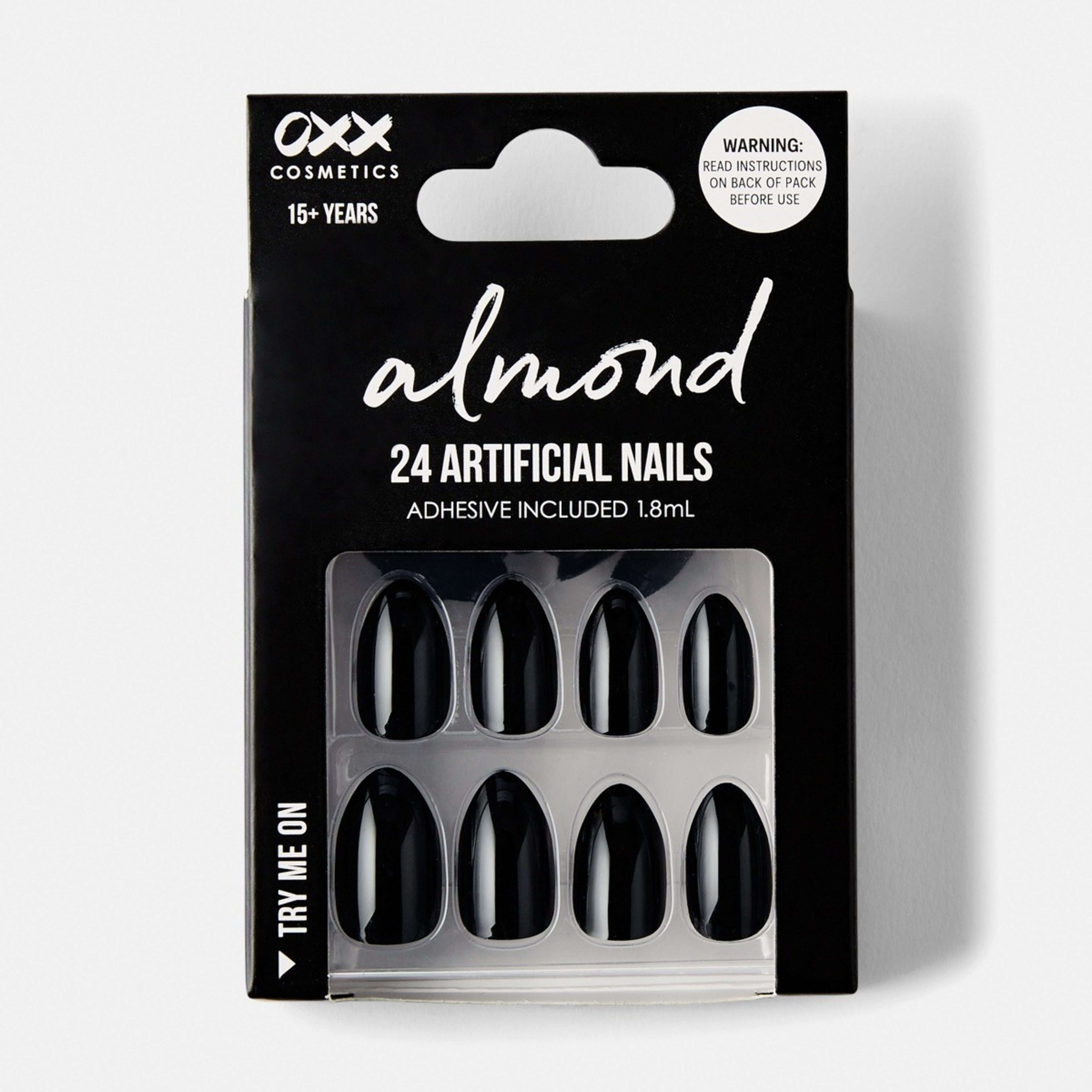 1 OXX Cosmetics 24 Pack Artificial Nails with Adhesive - Almond Shape, Black