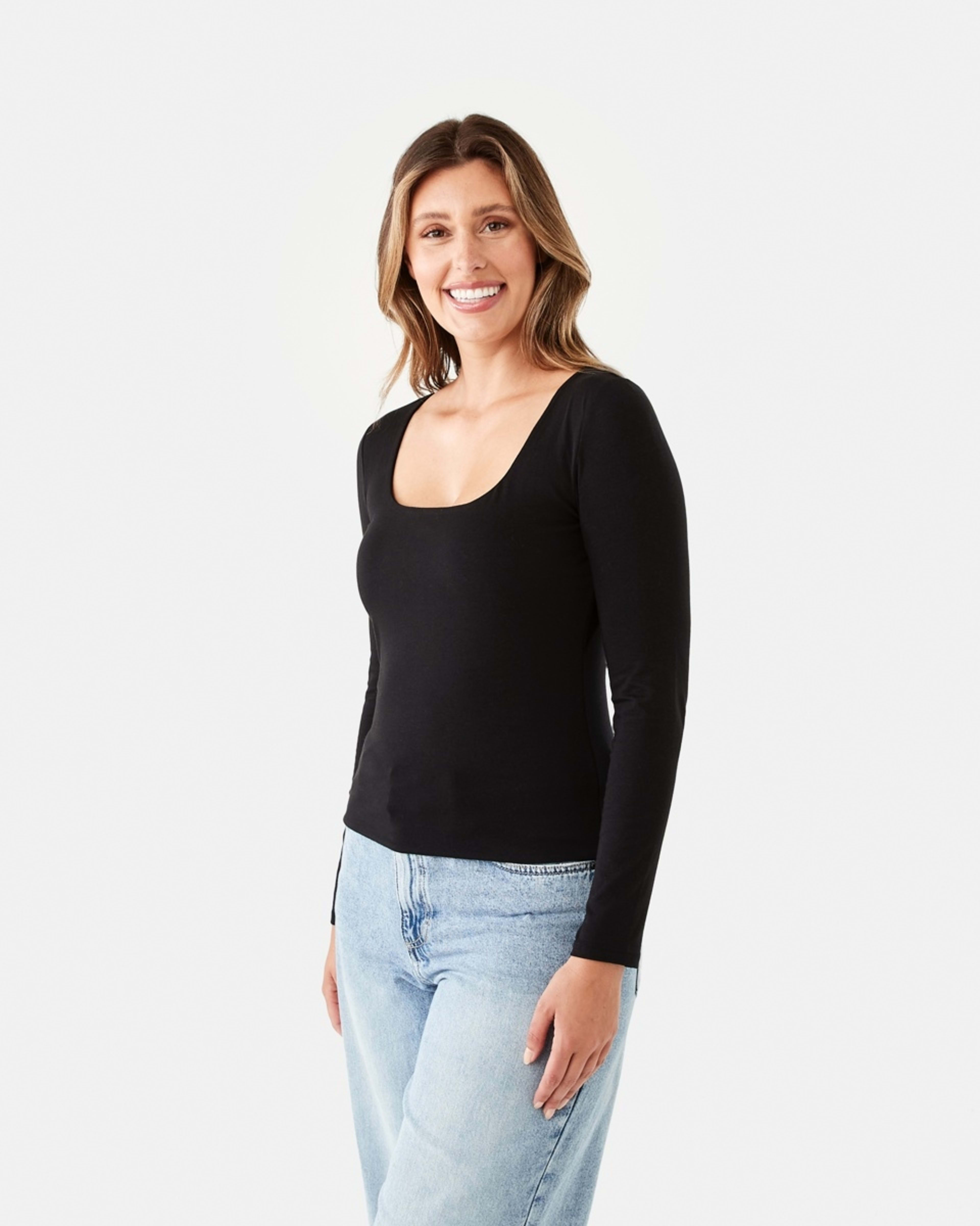 3 Long Sleeve Square Neck Top Black, 3 of 7