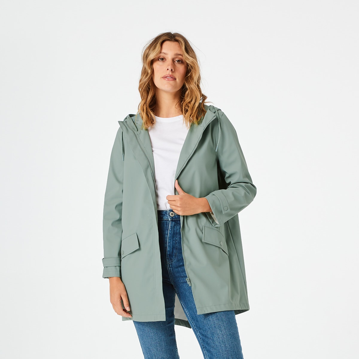 green womens raincoat