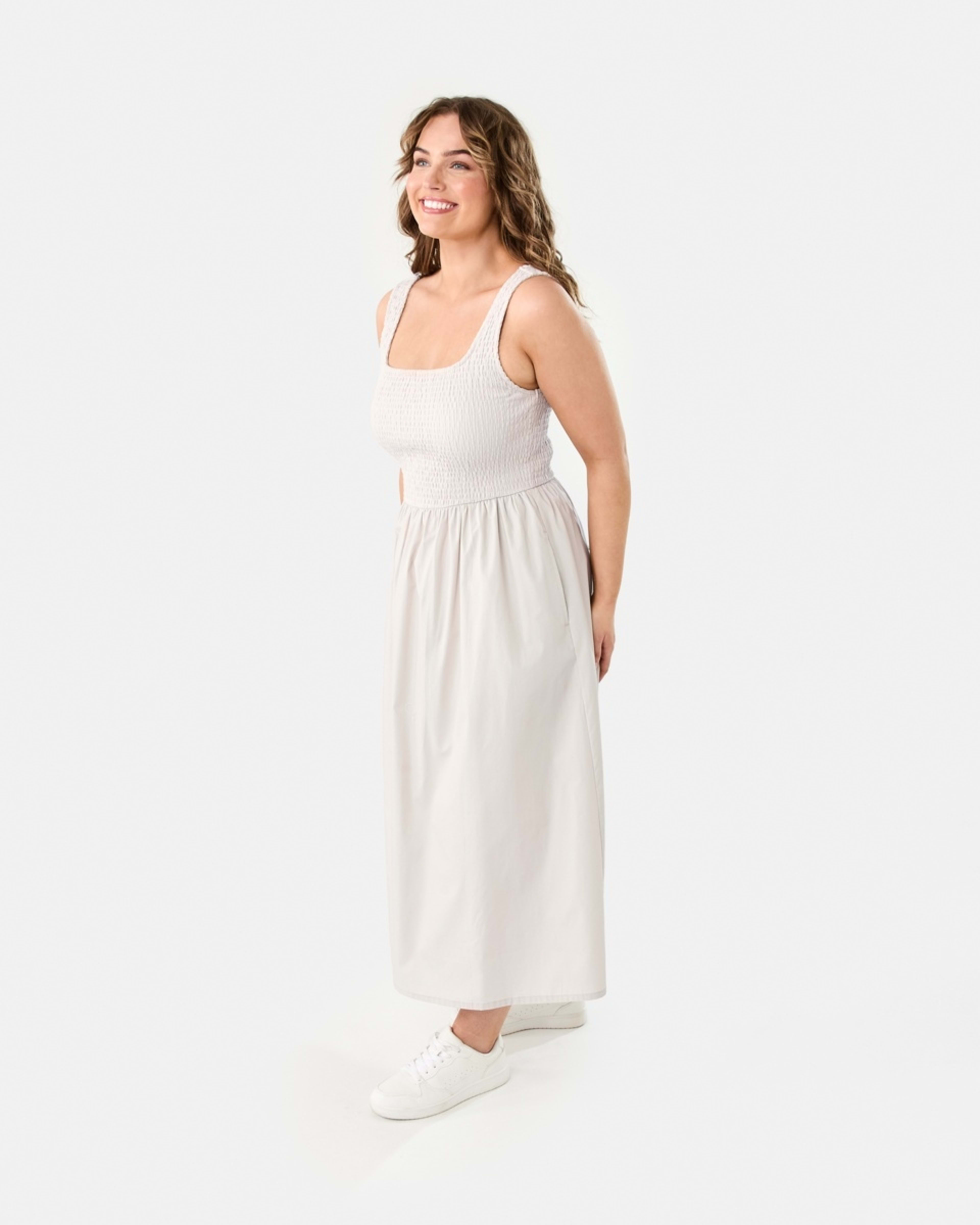 3 Sleeveless Shirred Knit Woven Midi Dress NATURAL BEIGE, 3 of 10