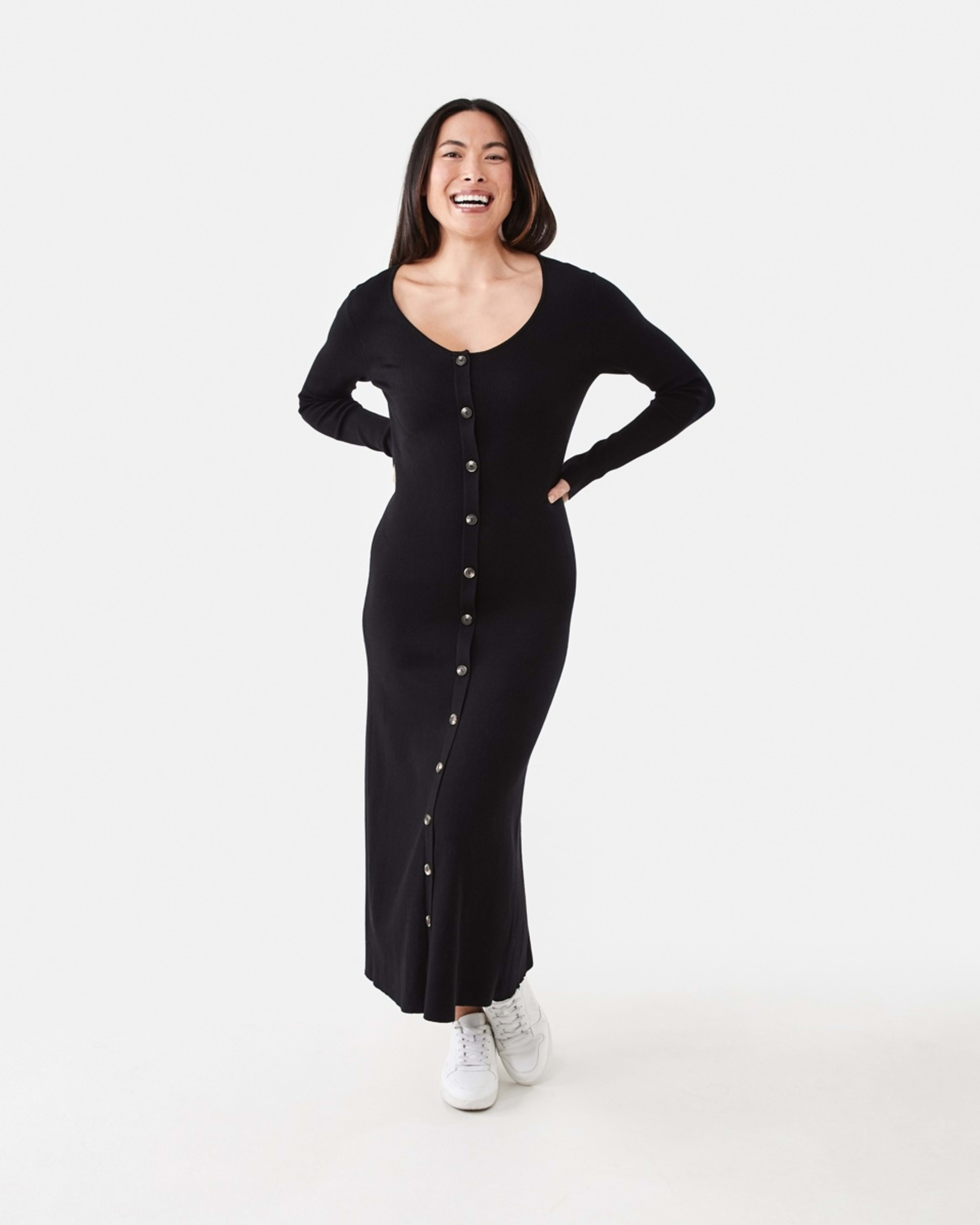 1 Long Sleeve Button Through Knit Maxi Dress Black
