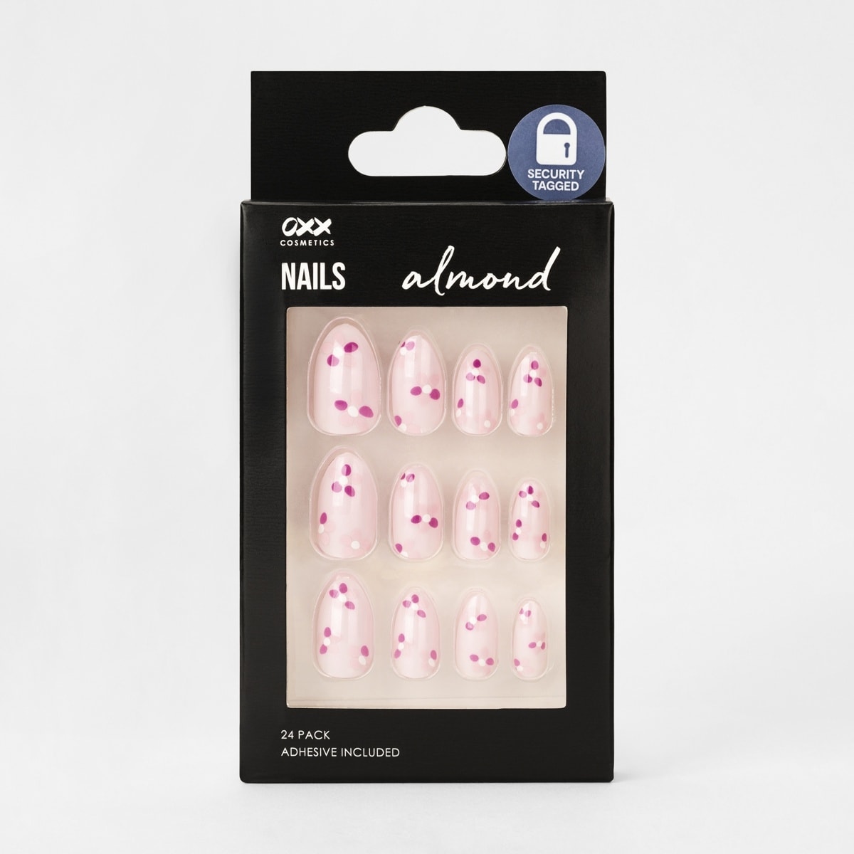 OXX Cosmetics 24 Pack False Nails with Adhesive Almond Shape Pink Floral