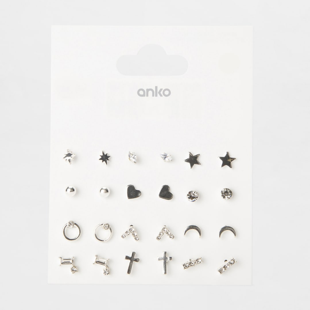 12 Pack Diamante and Cross Stud Earrings Silver Tone Kmart