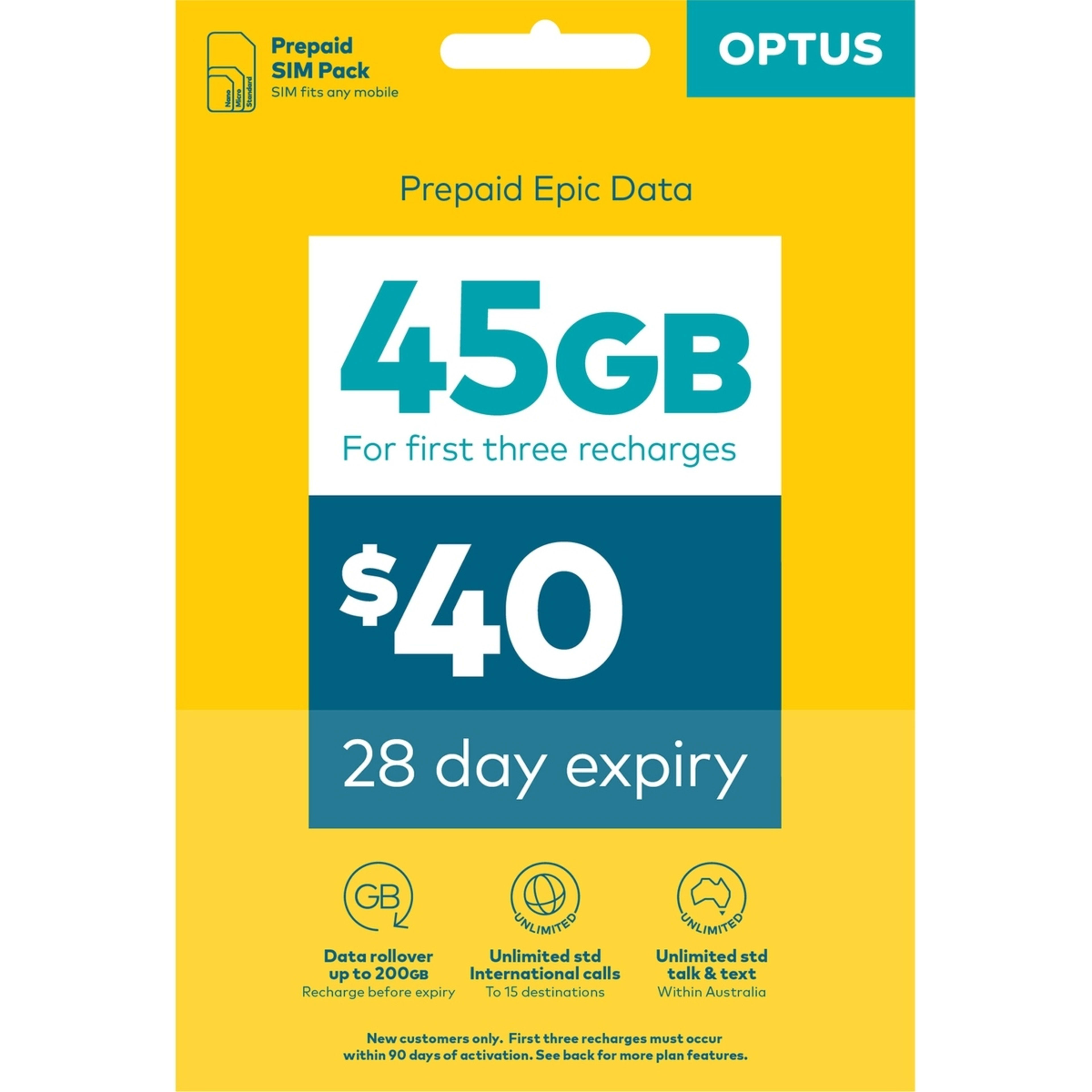 Optus 40 Prepaid Mobile Phone SIM + Recharge Card Kmart
