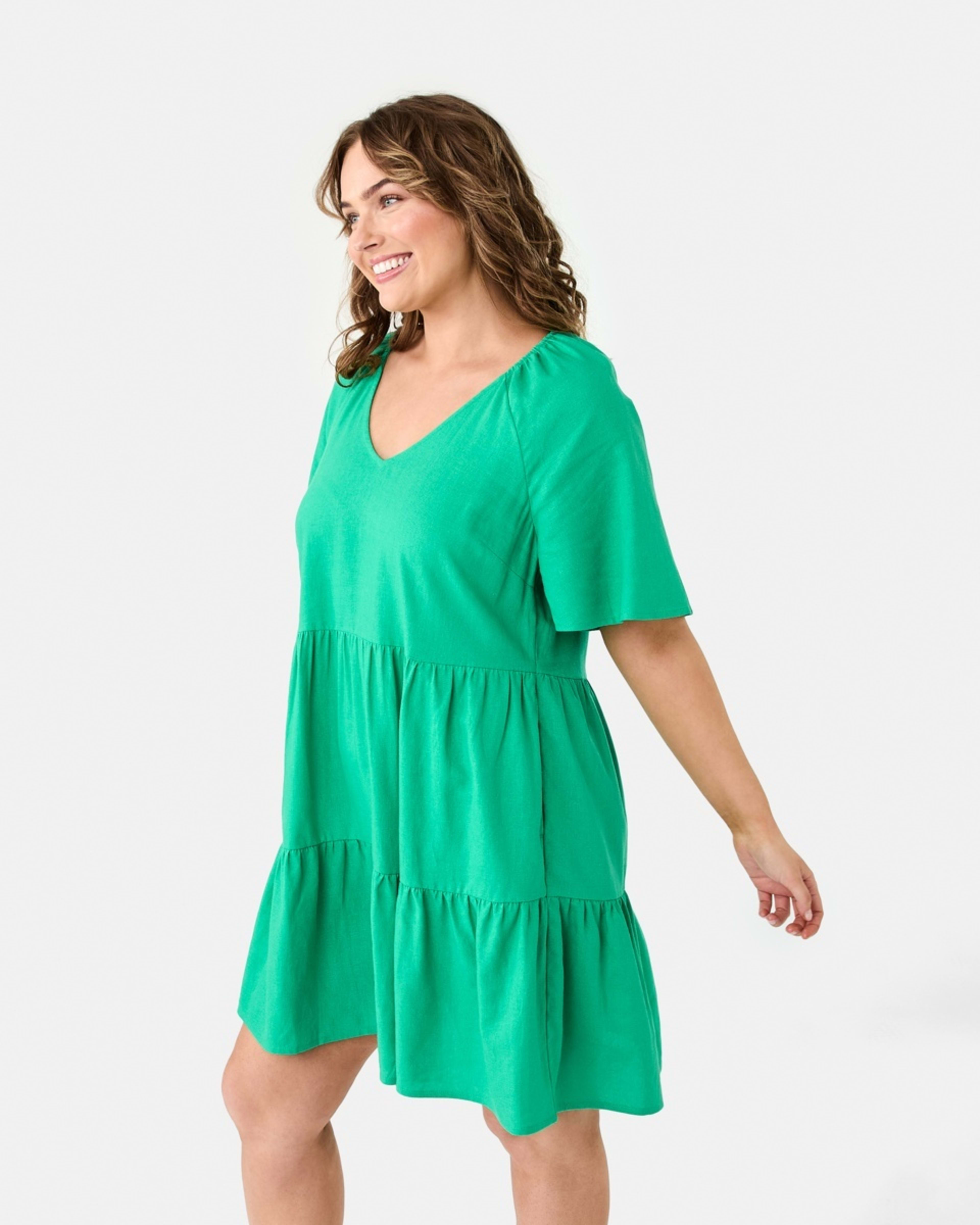 3 Short Sleeve Linen Blend Tiered Mini Dress SIMPLY GREEN, 3 of 10