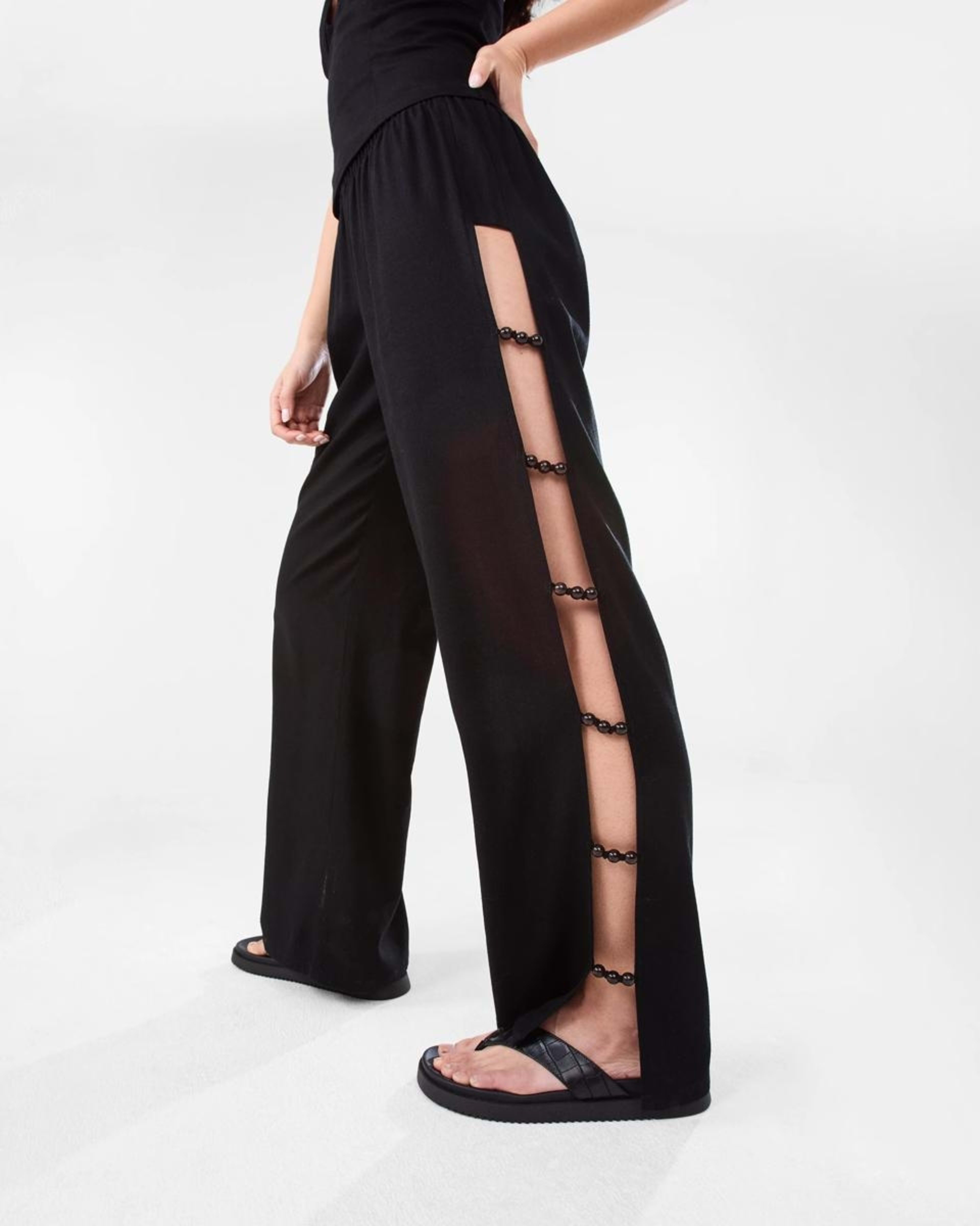 1 Linen Blend Beaded Pants Black