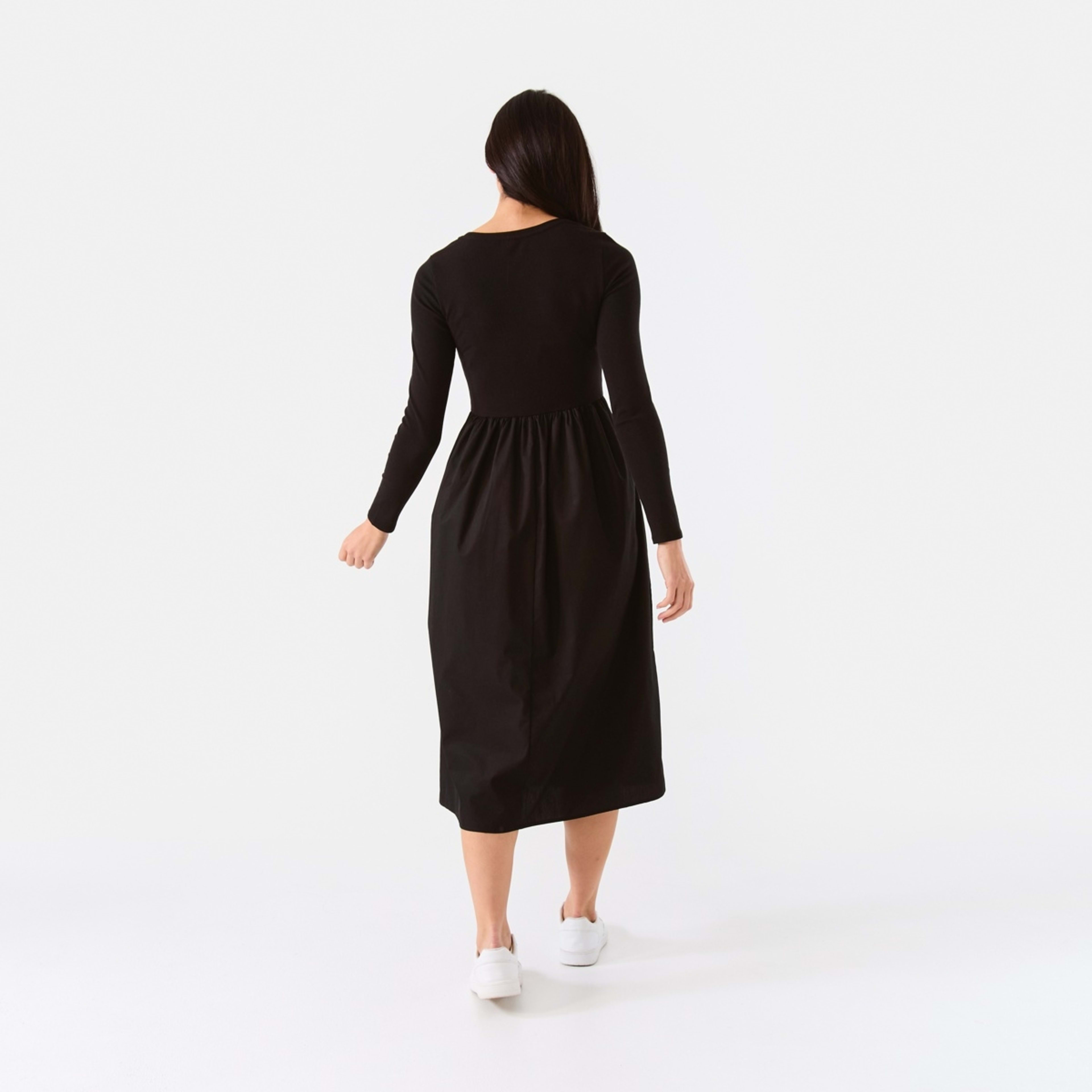 3 Long Sleeve Knit Woven Midi Dress Black, 3 of 7