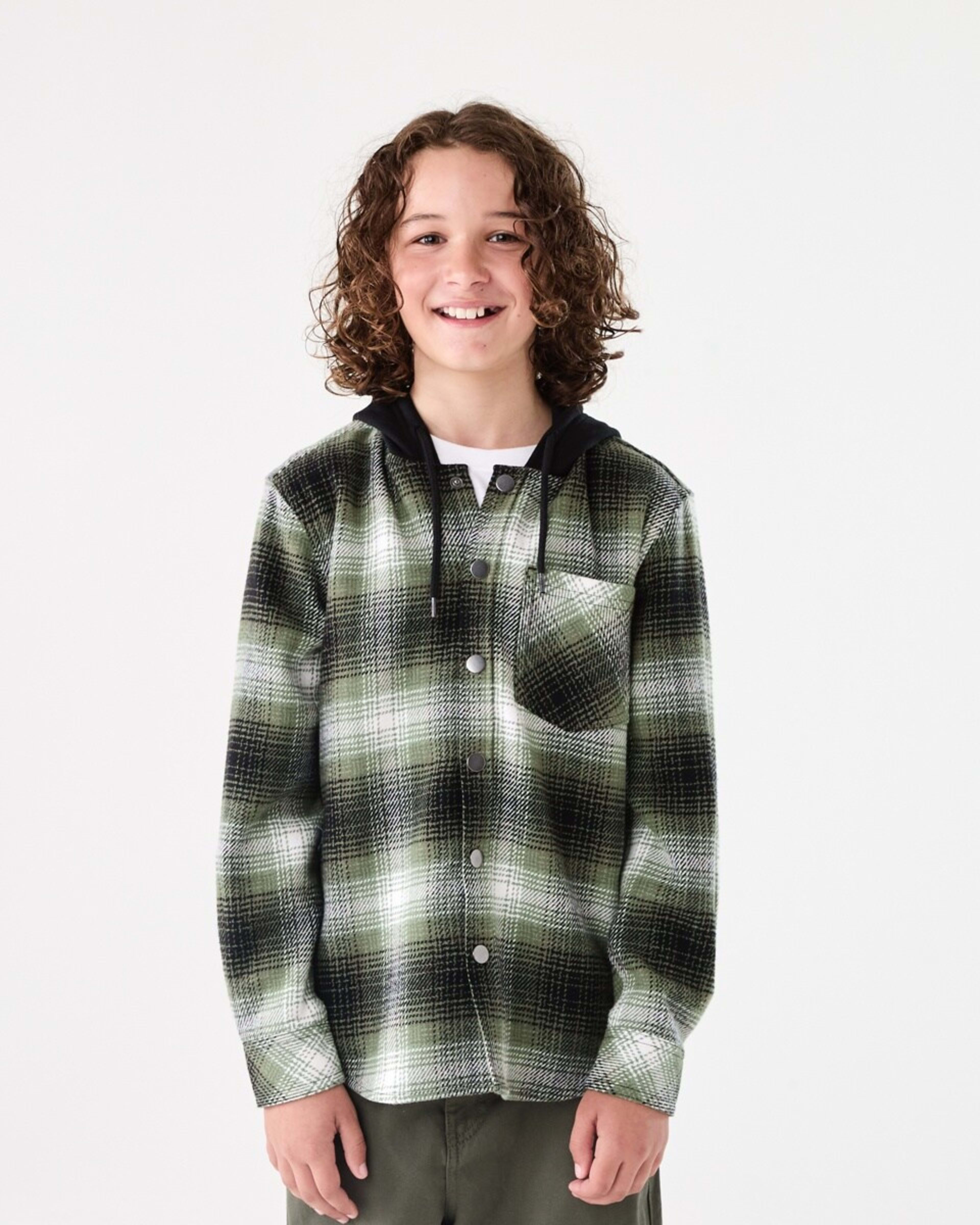 2 Long Sleeve Hooded Flannel Shirt Grn Check, 2 of 8