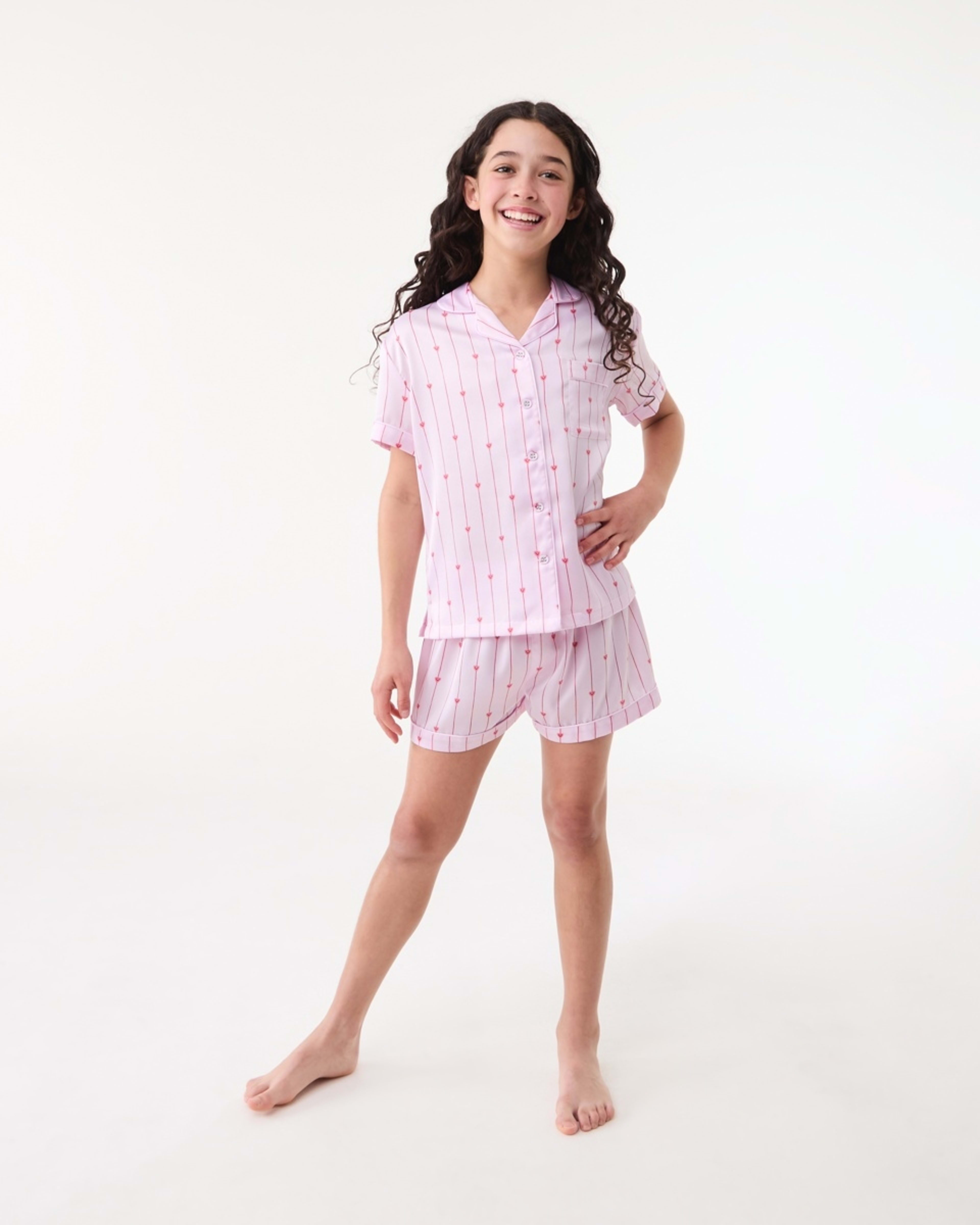 1 Short Sleeve Satin Pyjama Set PINK STRIPE HEARTS
