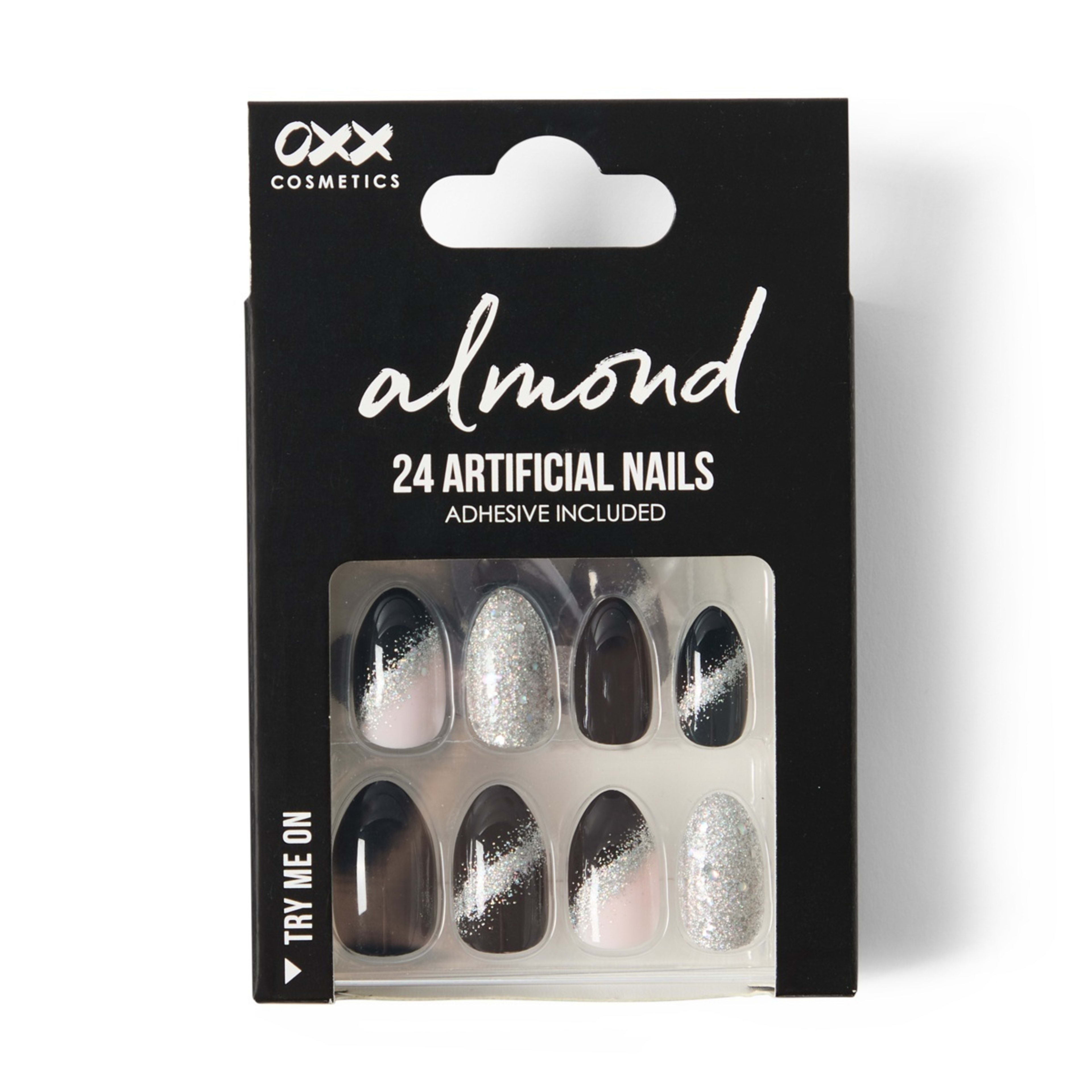 1 OXX Cosmetics 24 Pack Artificial Nails with Adhesive - Almond Shape, Black and Silver Glitter