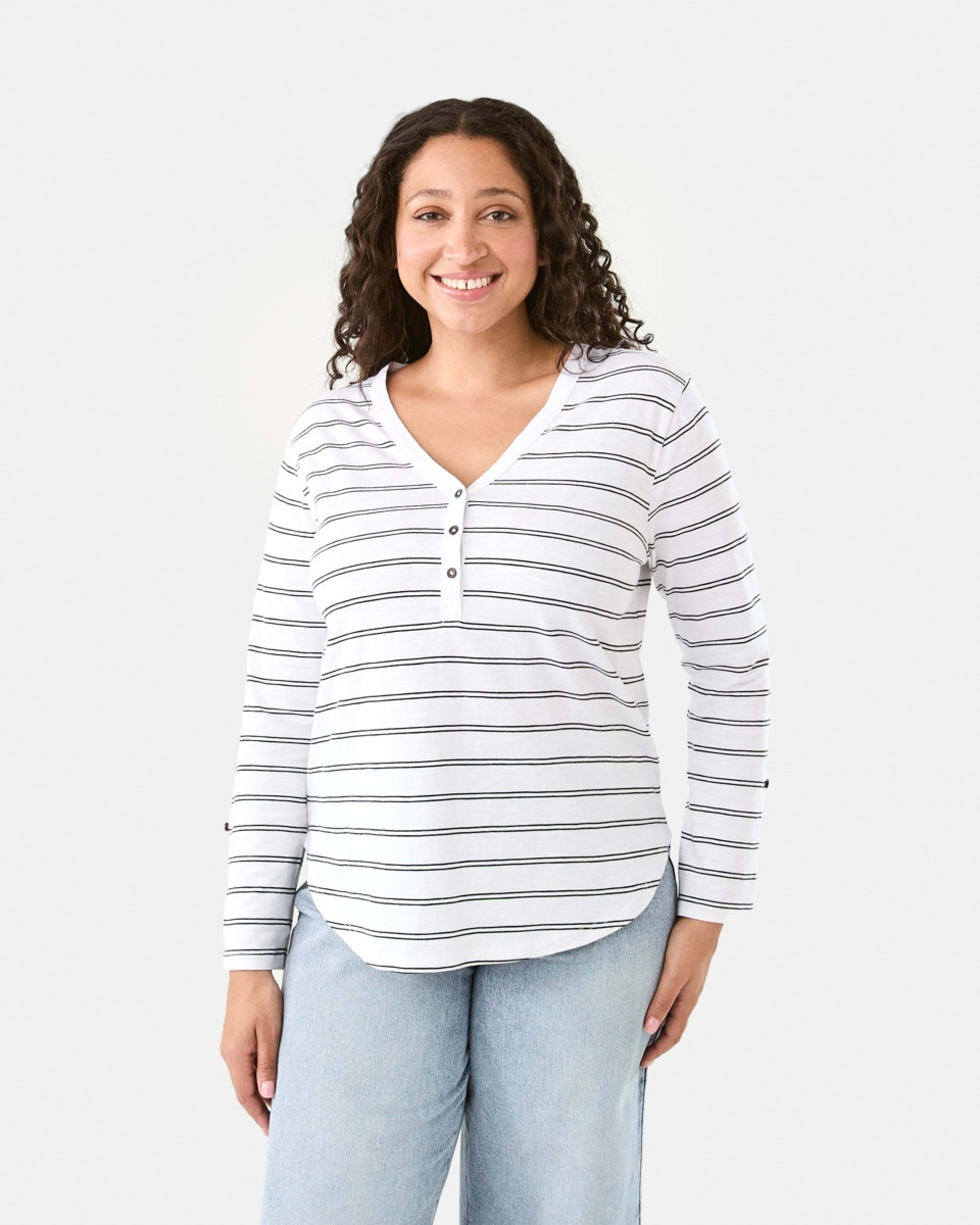 1 Long Sleeve Textured Button Front Top Db Blk Stp
