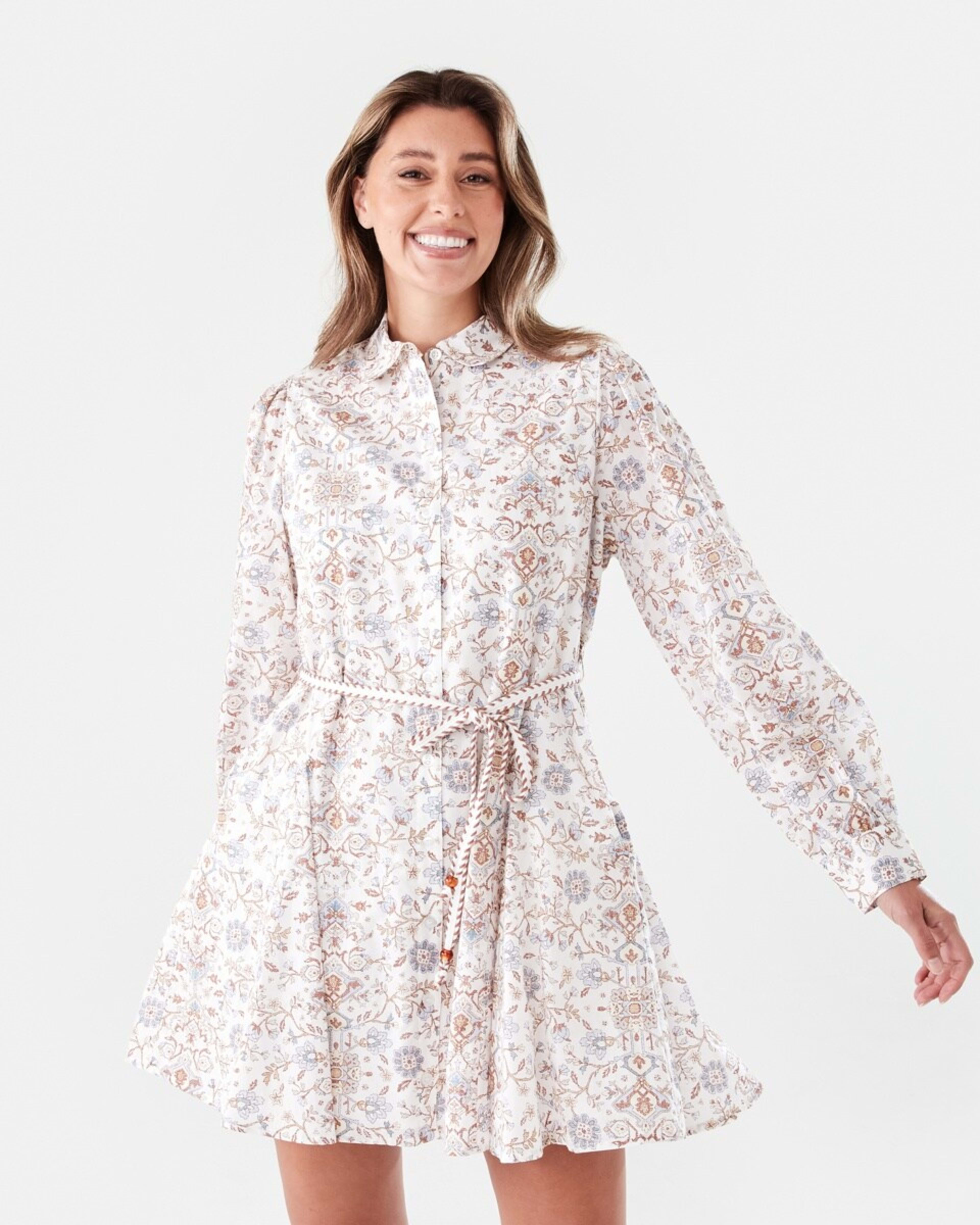 1 Long Balloon Sleeve Tie Waist Mini Dress BOHO FLORAL BRUNI BLUE, 1 of 8