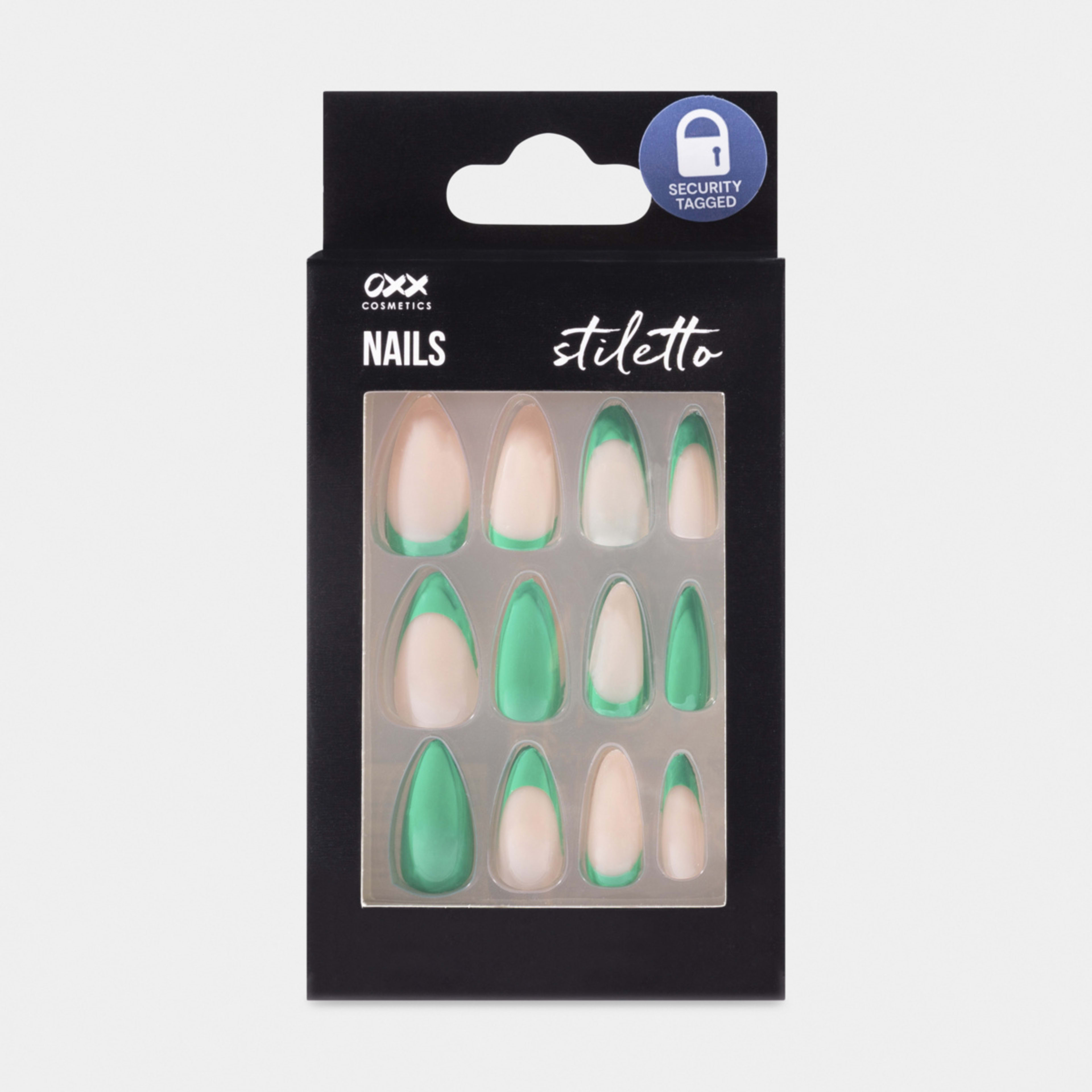 OXX Cosmetics 24 Pack False Nails with Adhesive Stiletto Shape, Green