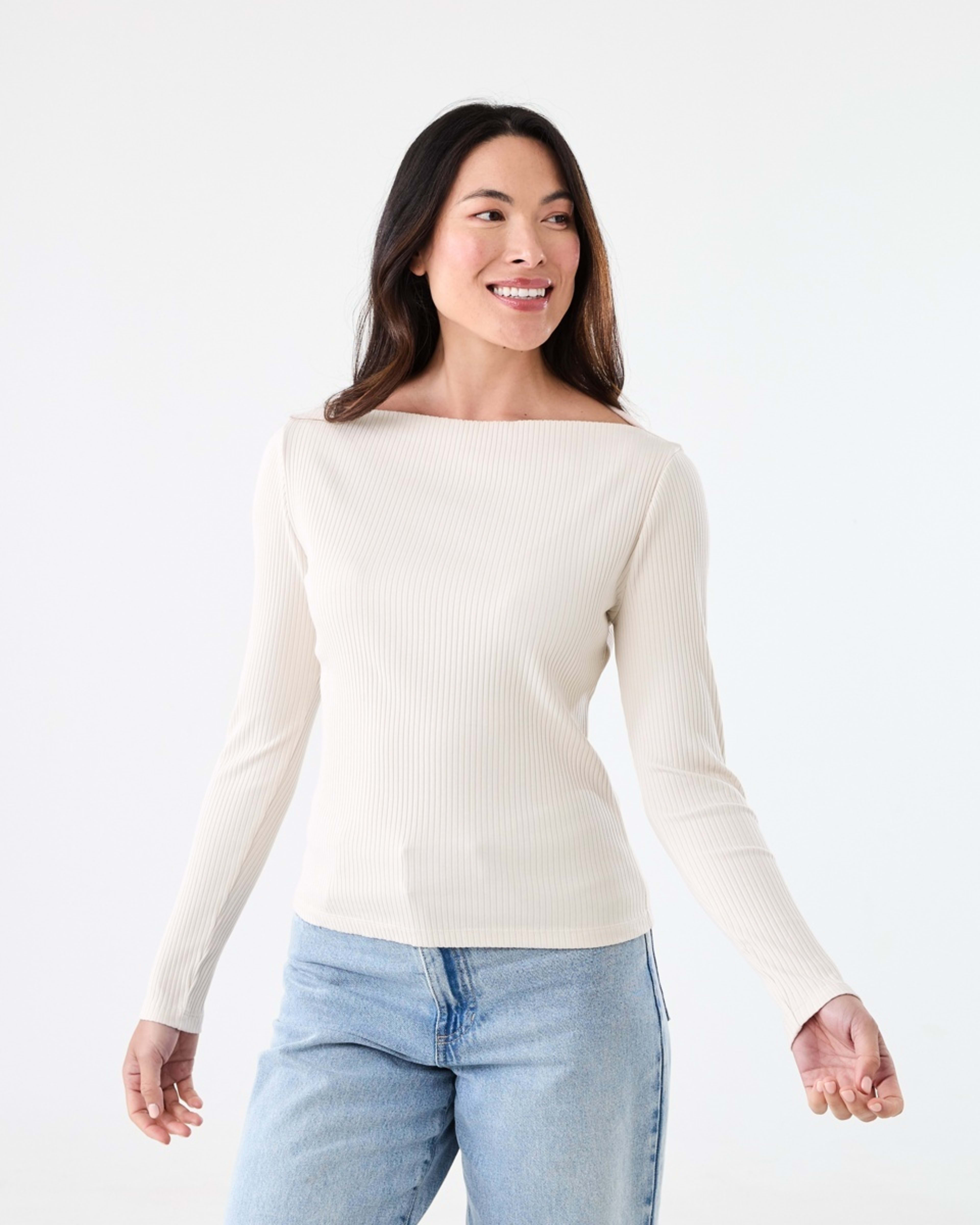 1 Long Sleeve Rib Boat Neck Top Nat Beige