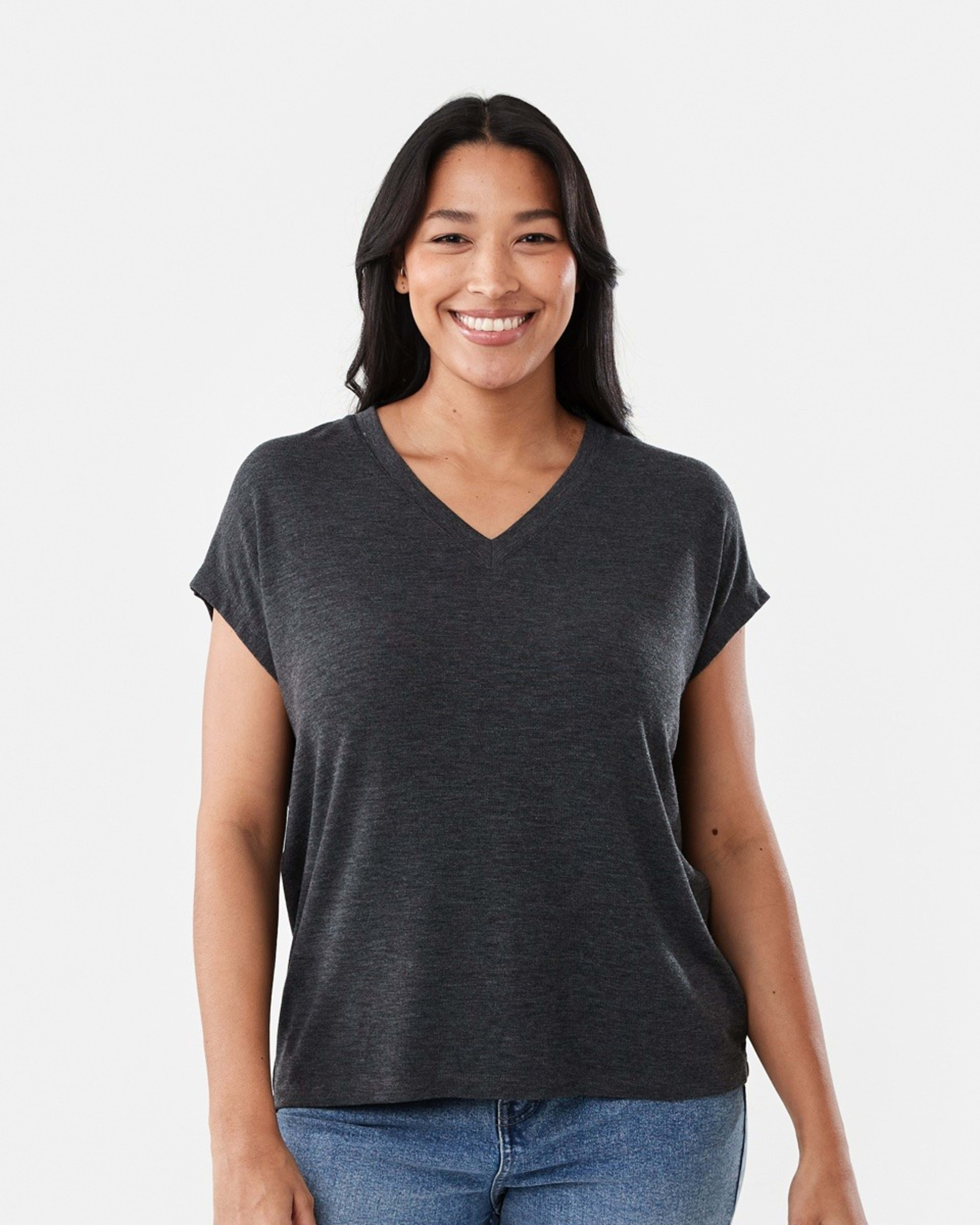 1 Short Sleeve Warm Handle V-Neck Top Gry Chmrle