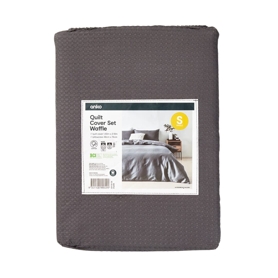 Waffle Cotton Quilt Cover Set Single Bed, Charcoal Kmart