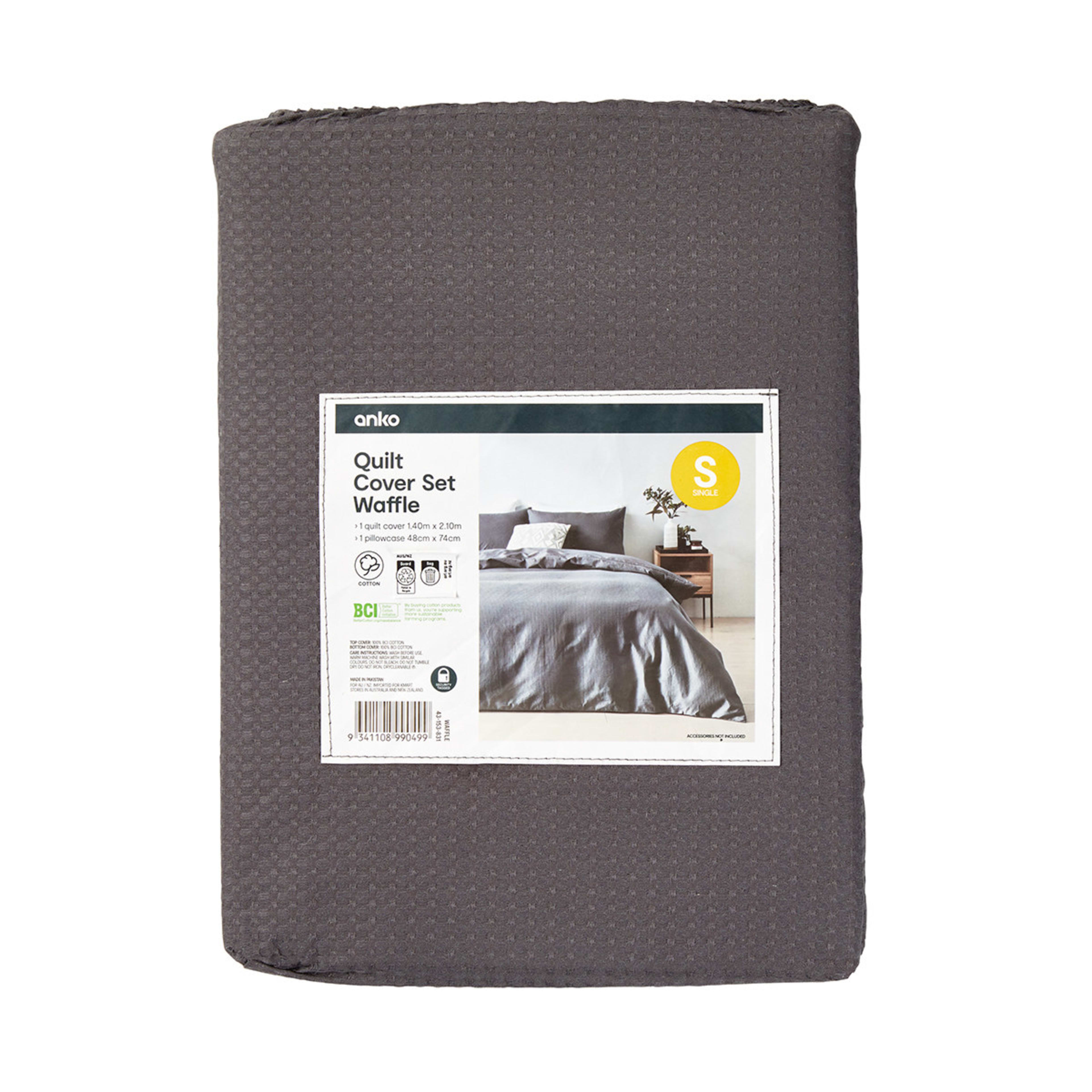 Waffle Cotton Quilt Cover Set Single Bed, Charcoal Kmart