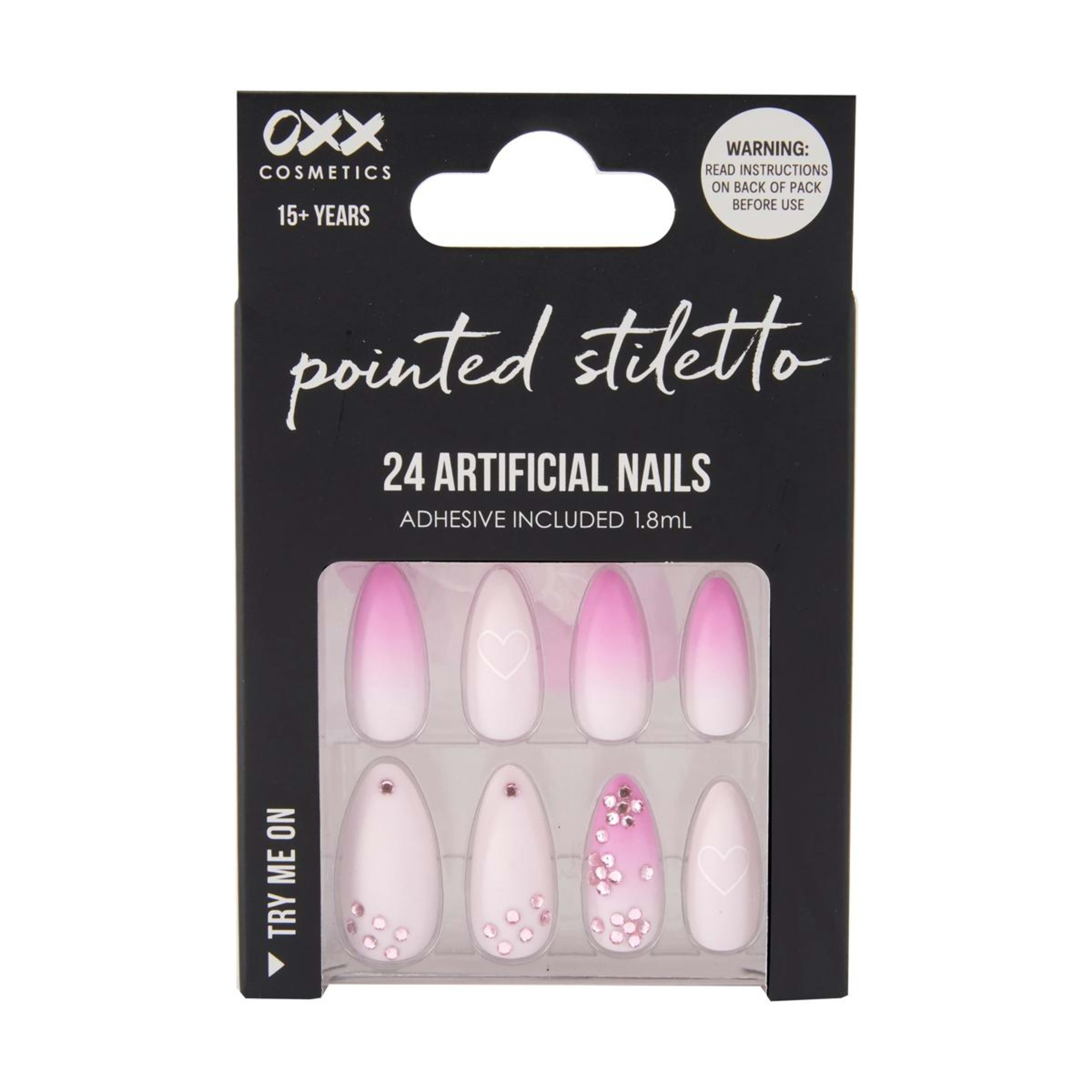 1 OXX Cosmetics 24 Pack Artificial Nails with Adhesive - Pointed Stiletto Shape, Gem Hearts
