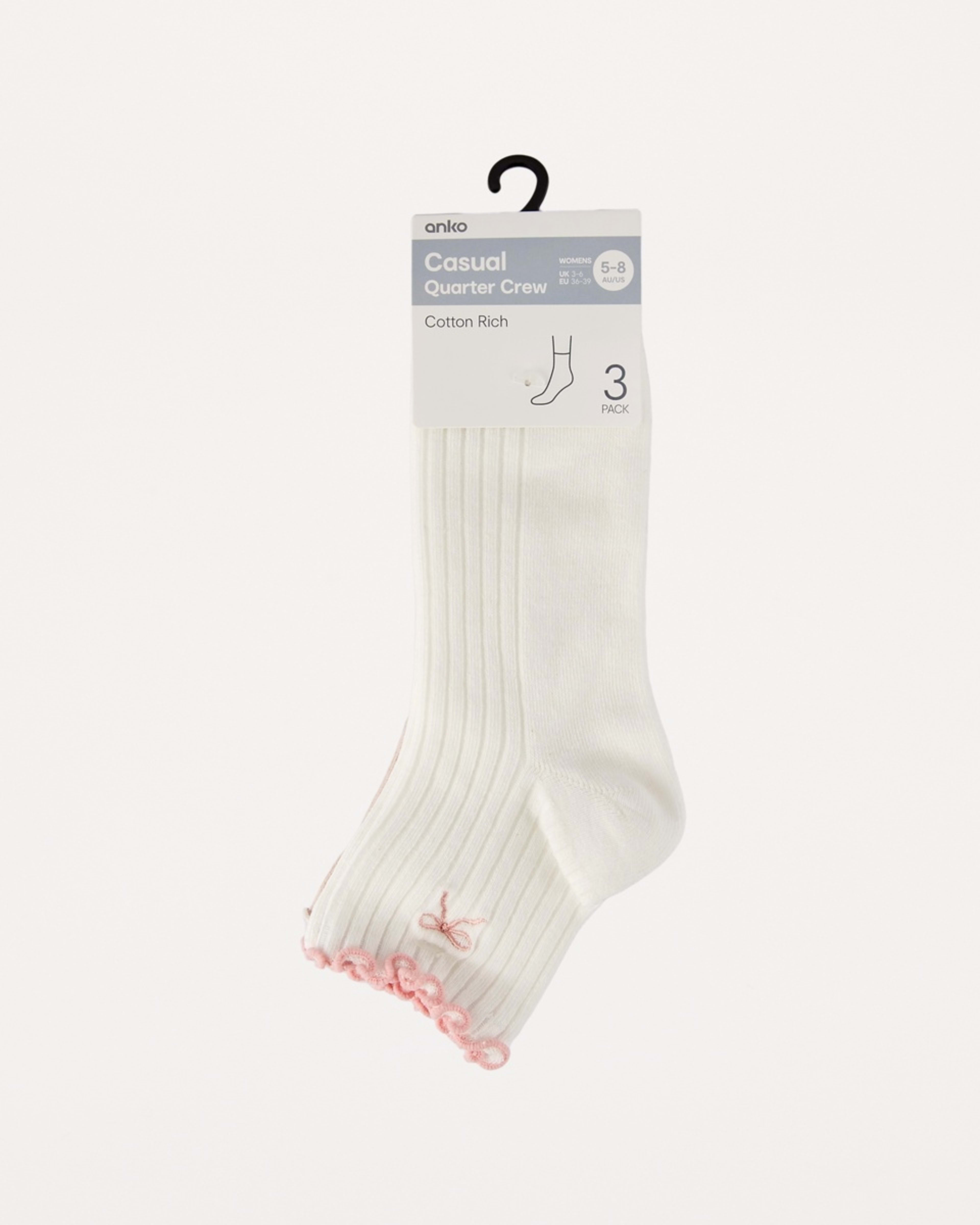 3 3 Pack Frill Quarter Crew Embroidery Socks BOW BERRY ROSE SMOKE, 3 of 3