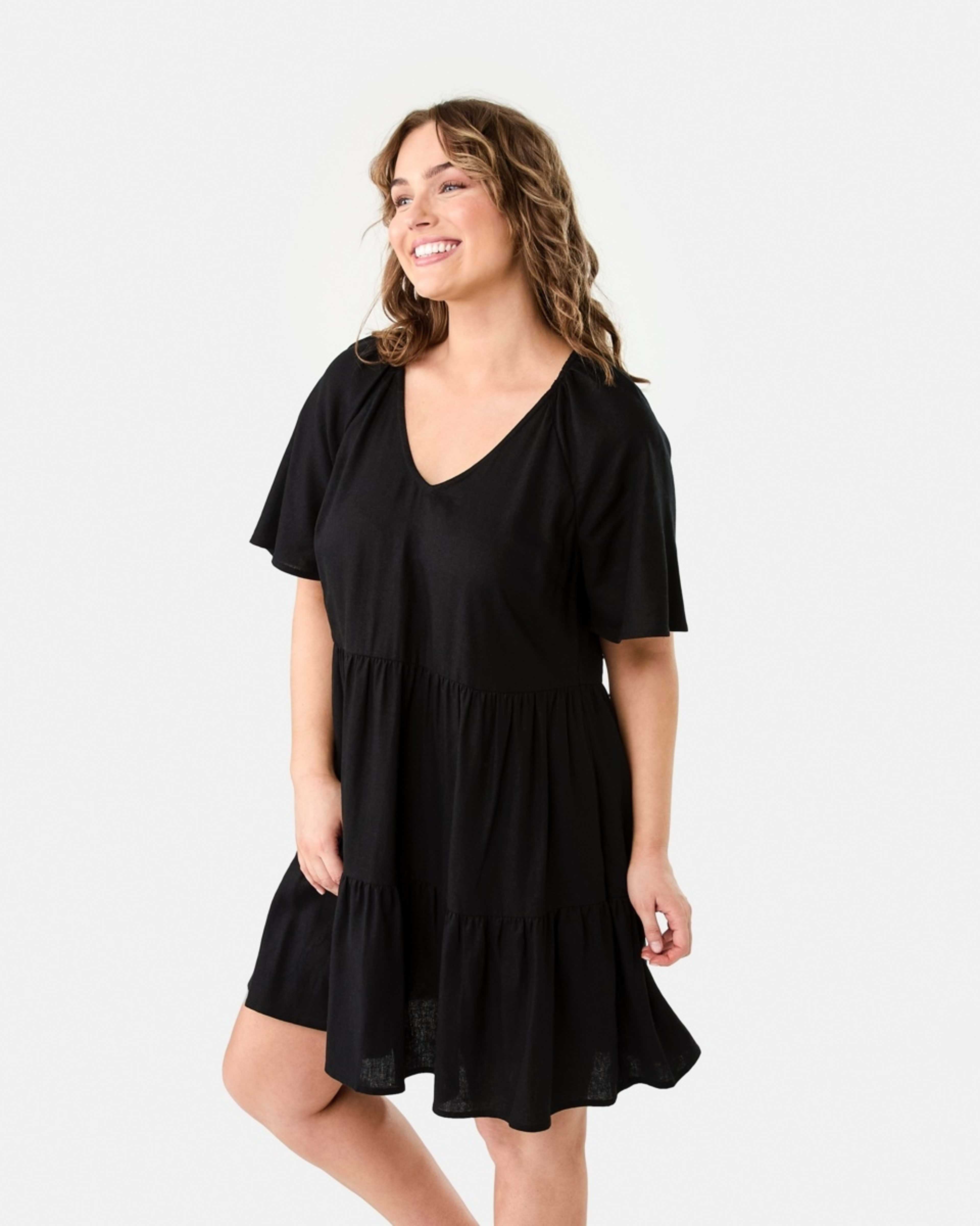 3 Short Sleeve Linen Blend Tiered Mini Dress BLACK, 3 of 9