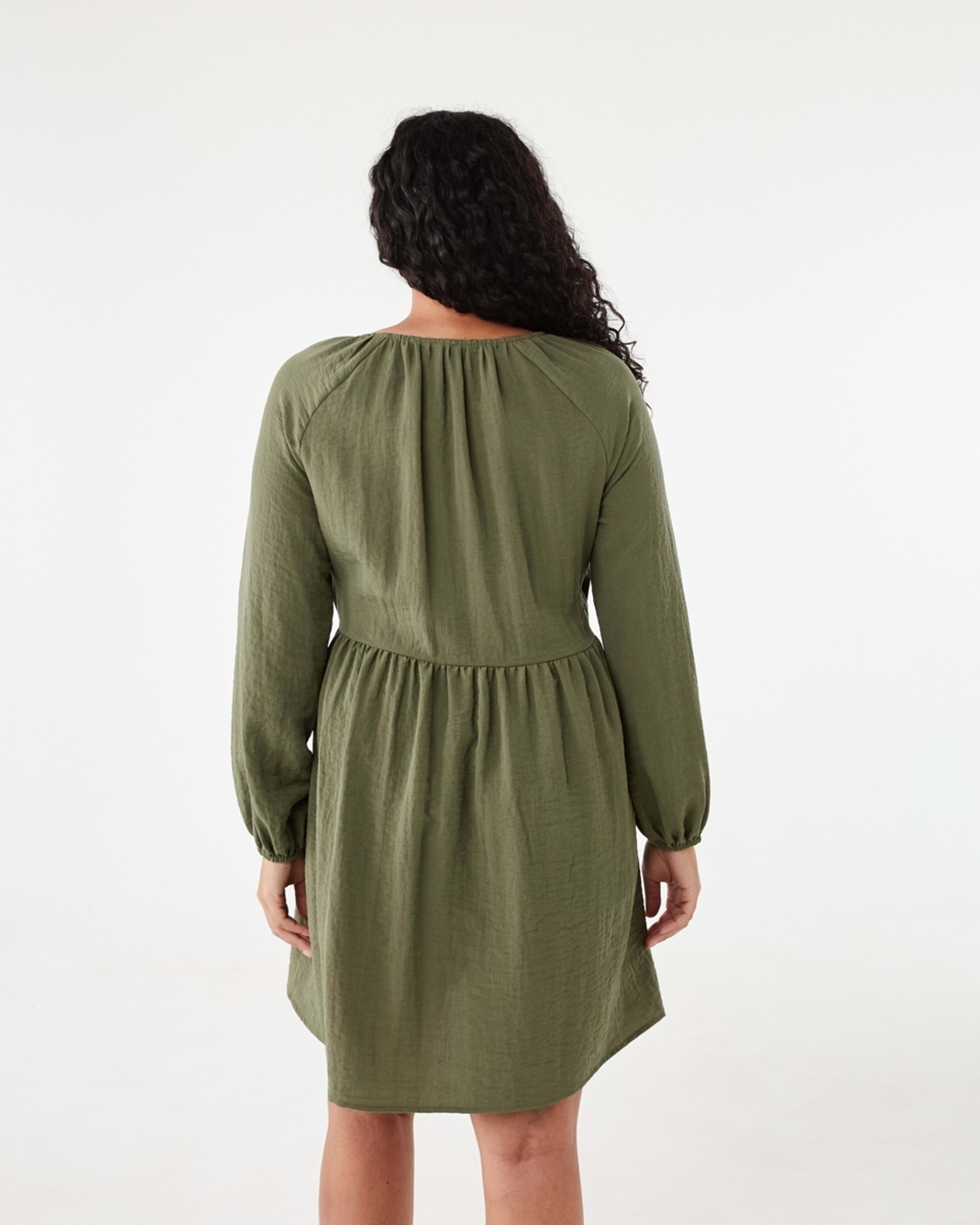 3 Long Sleeve Textured Smock Mini Dress Deep Olive, 3 of 7