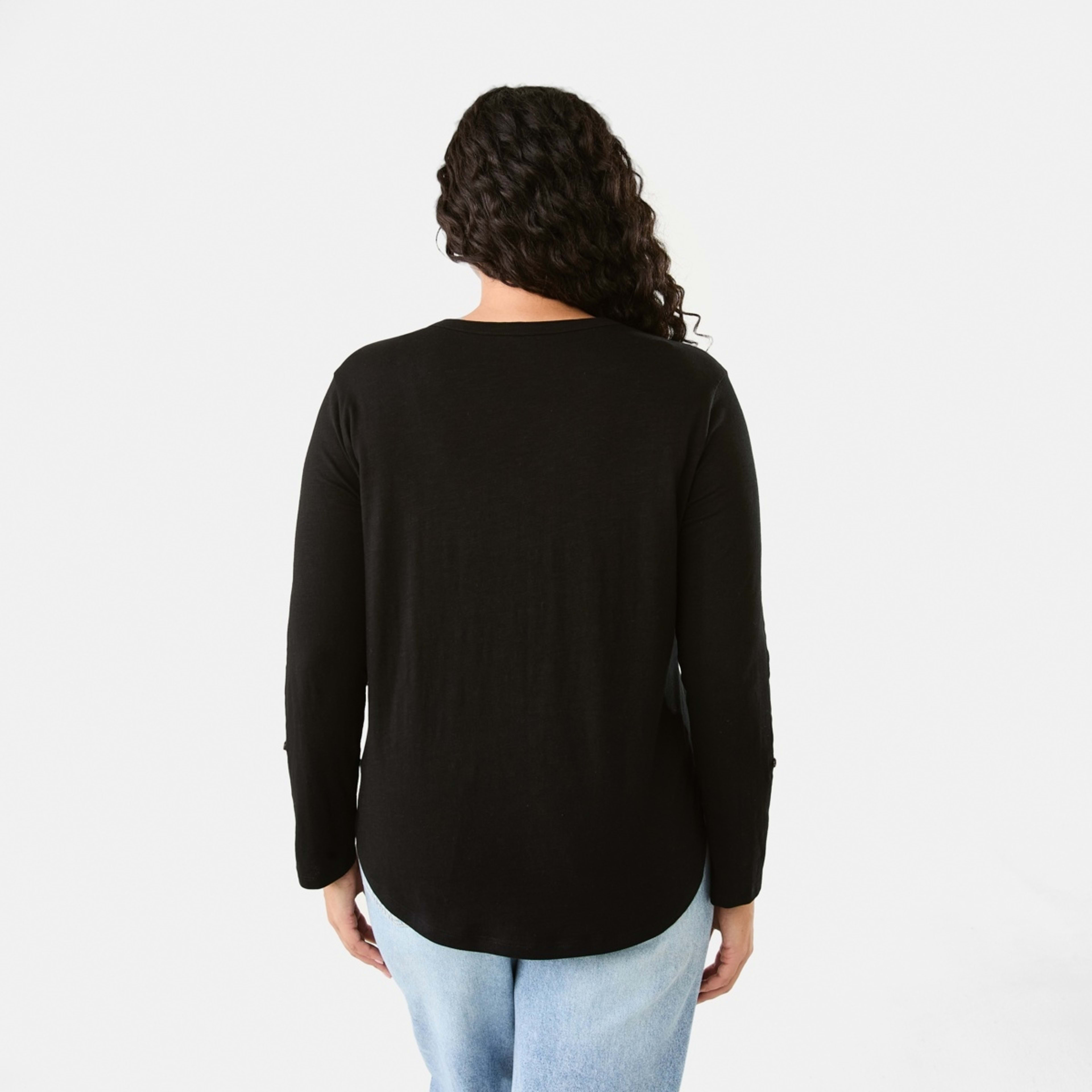 3 Long Sleeve Textured Button Front Top Black, 3 of 9