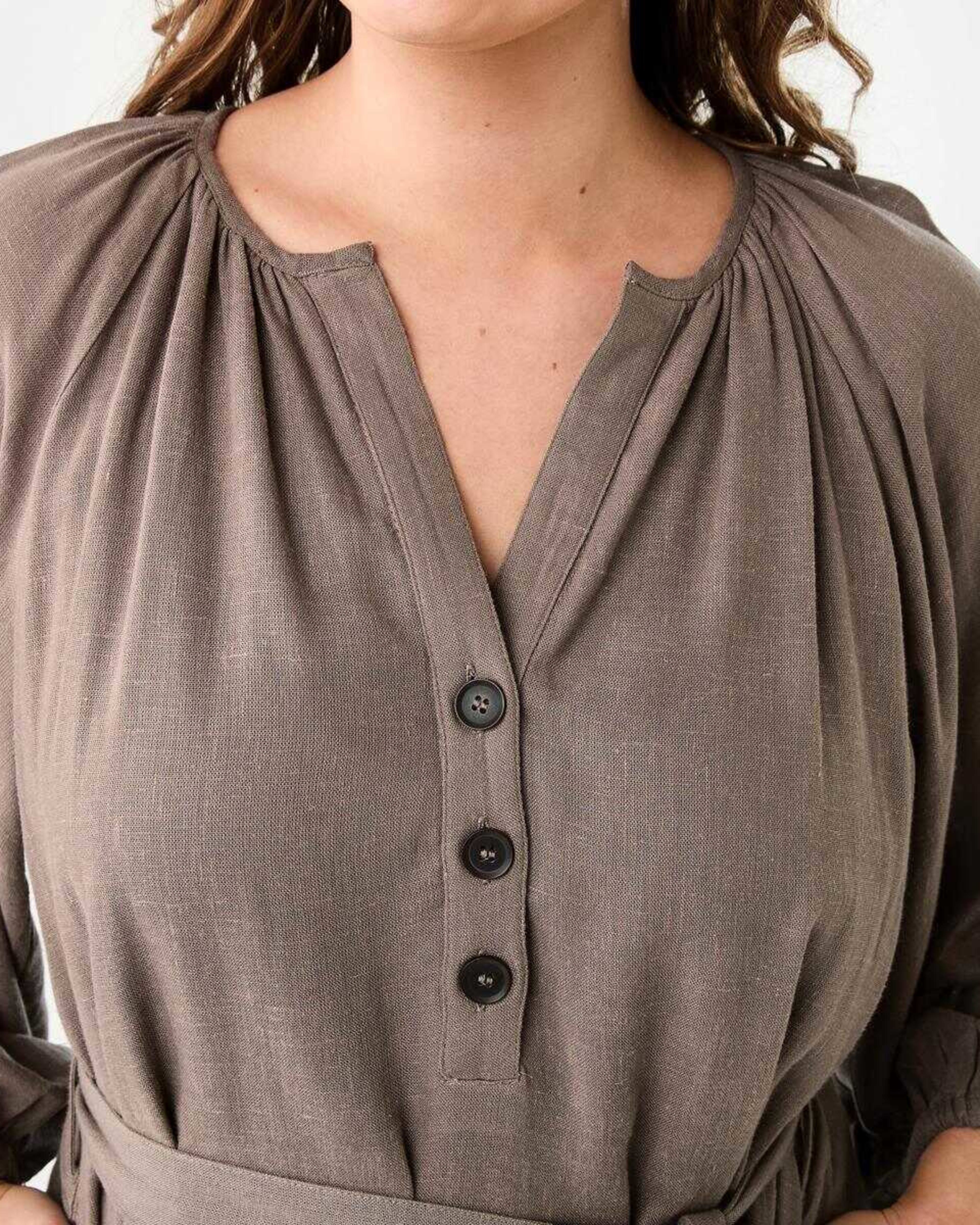5 Elbow Sleeve Linen Blend Mini Dress DEEP TAUPE, 5 of 8