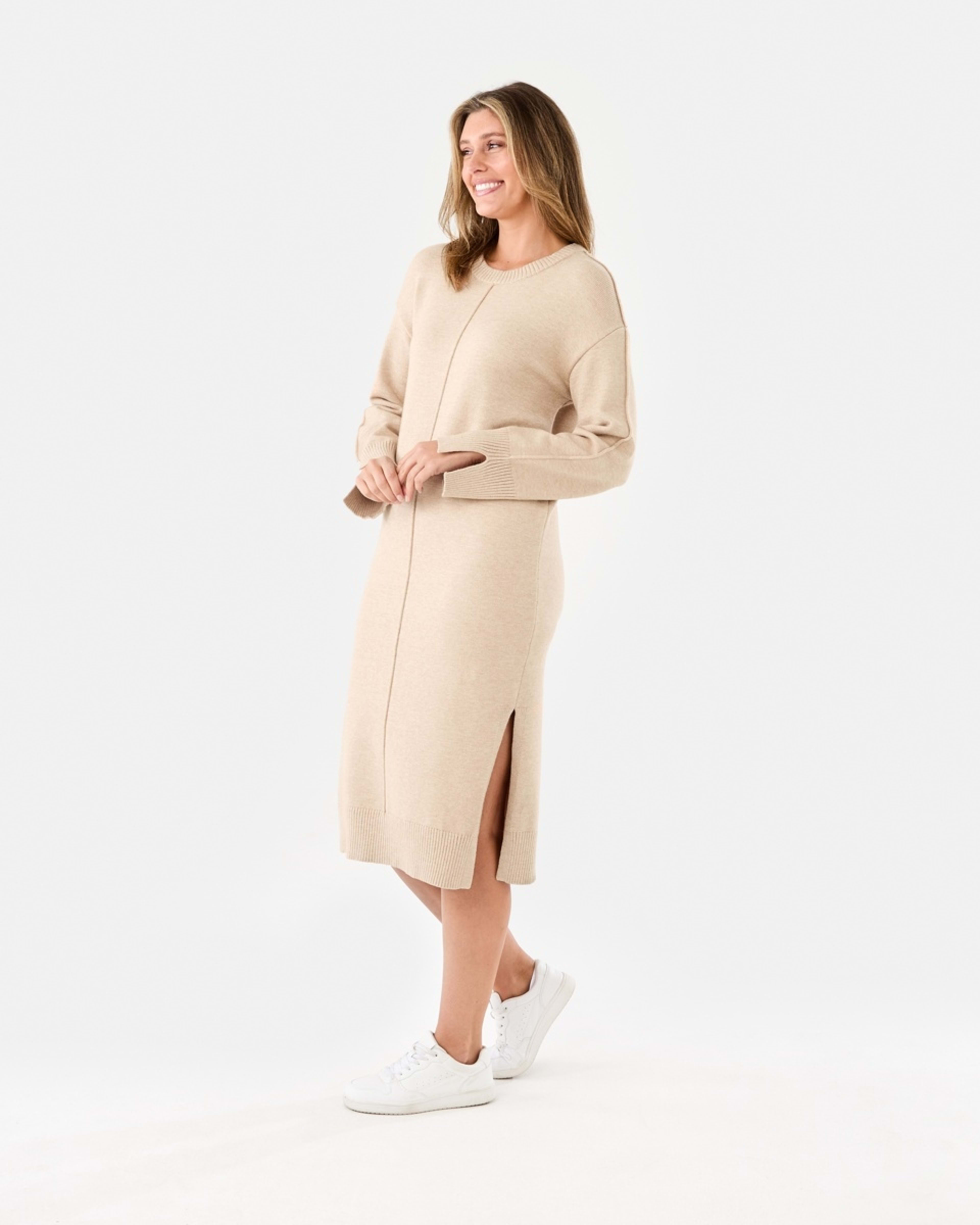 2 Long Sleeve Crew Neck Seam Detail True Knit Midi Dress Beige Marl, 2 of 6