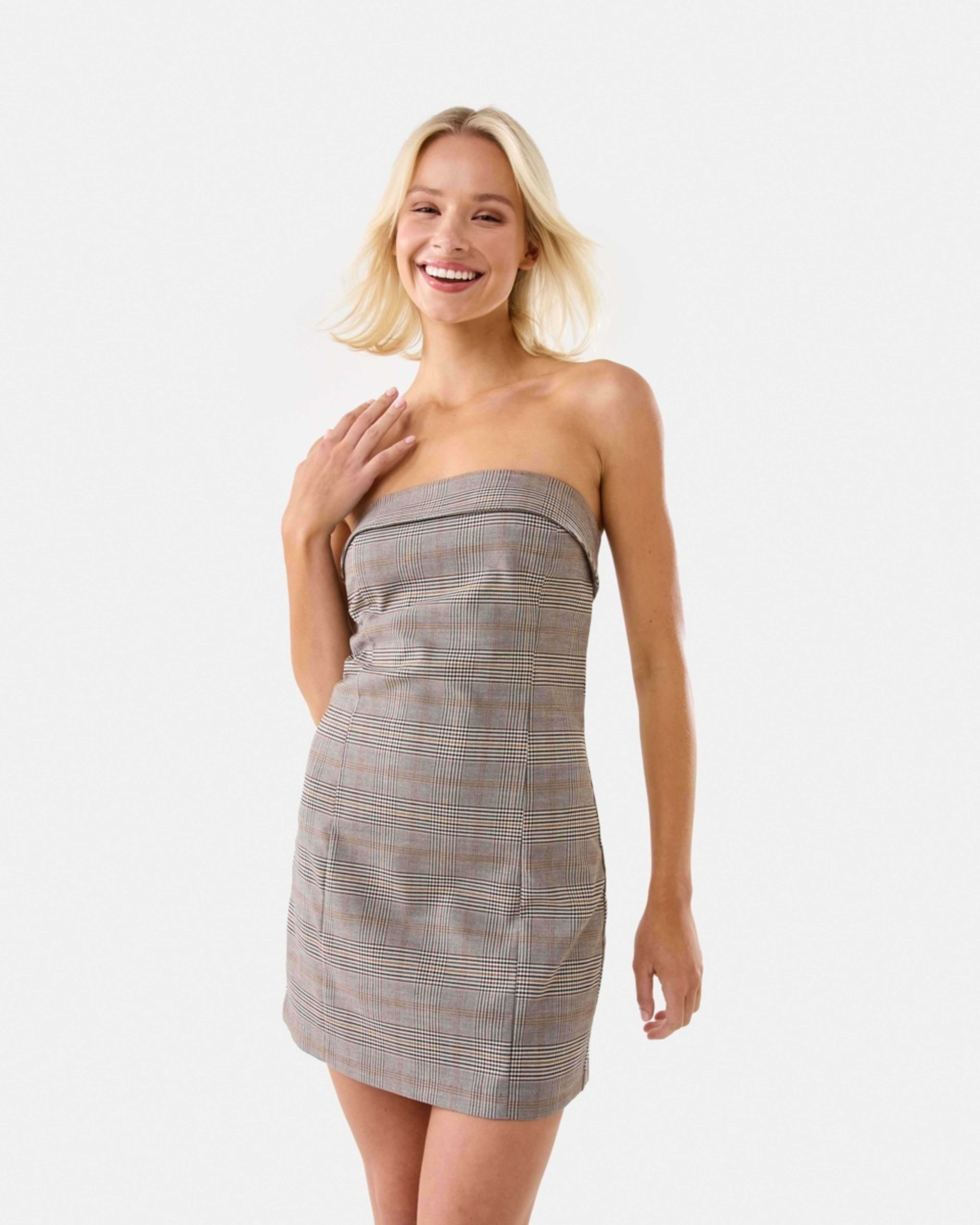 1 Strapless Check Mini Dress Brown Chk