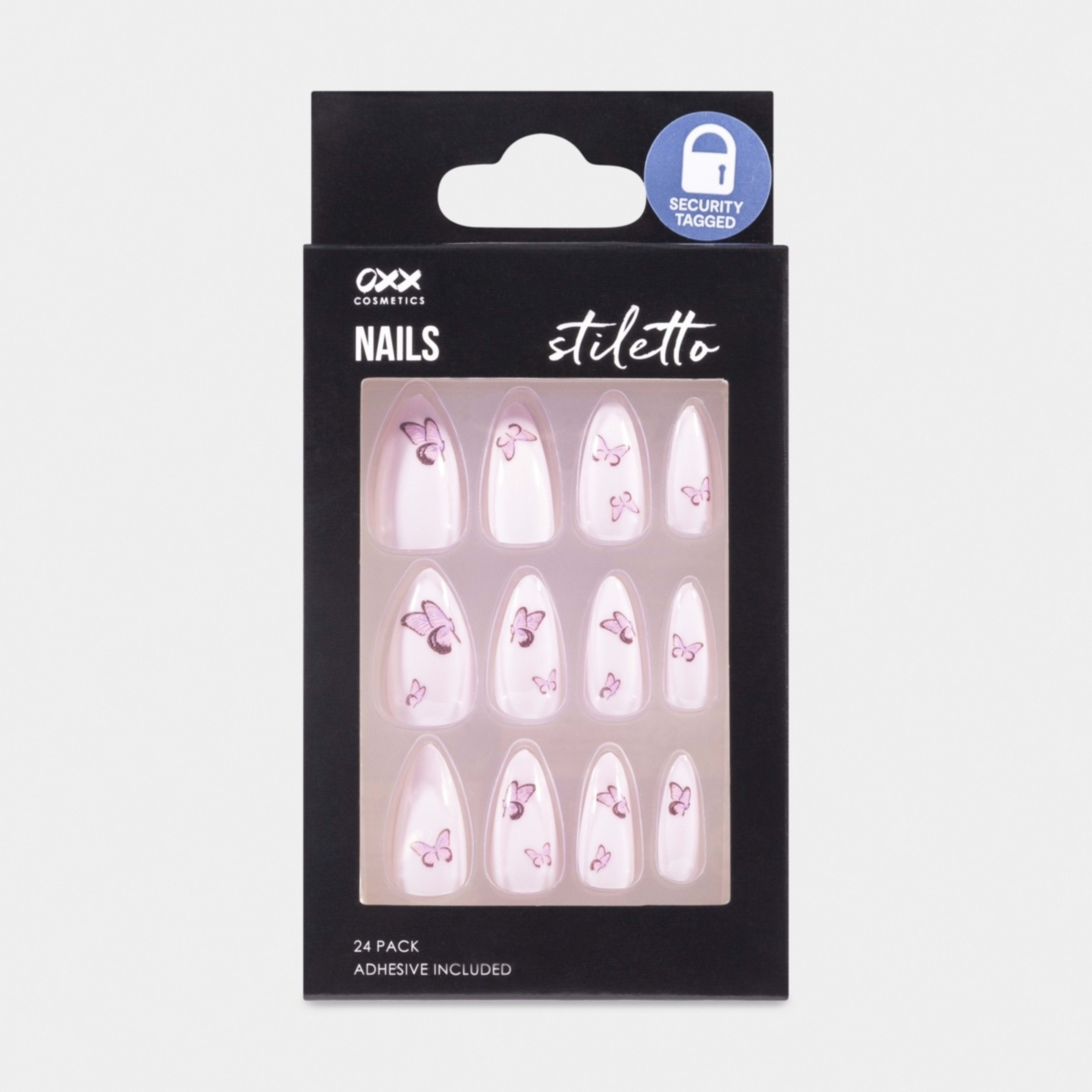 OXX Cosmetics 24 Pack False Nails with Adhesive - Stiletto Shape, Pink ...