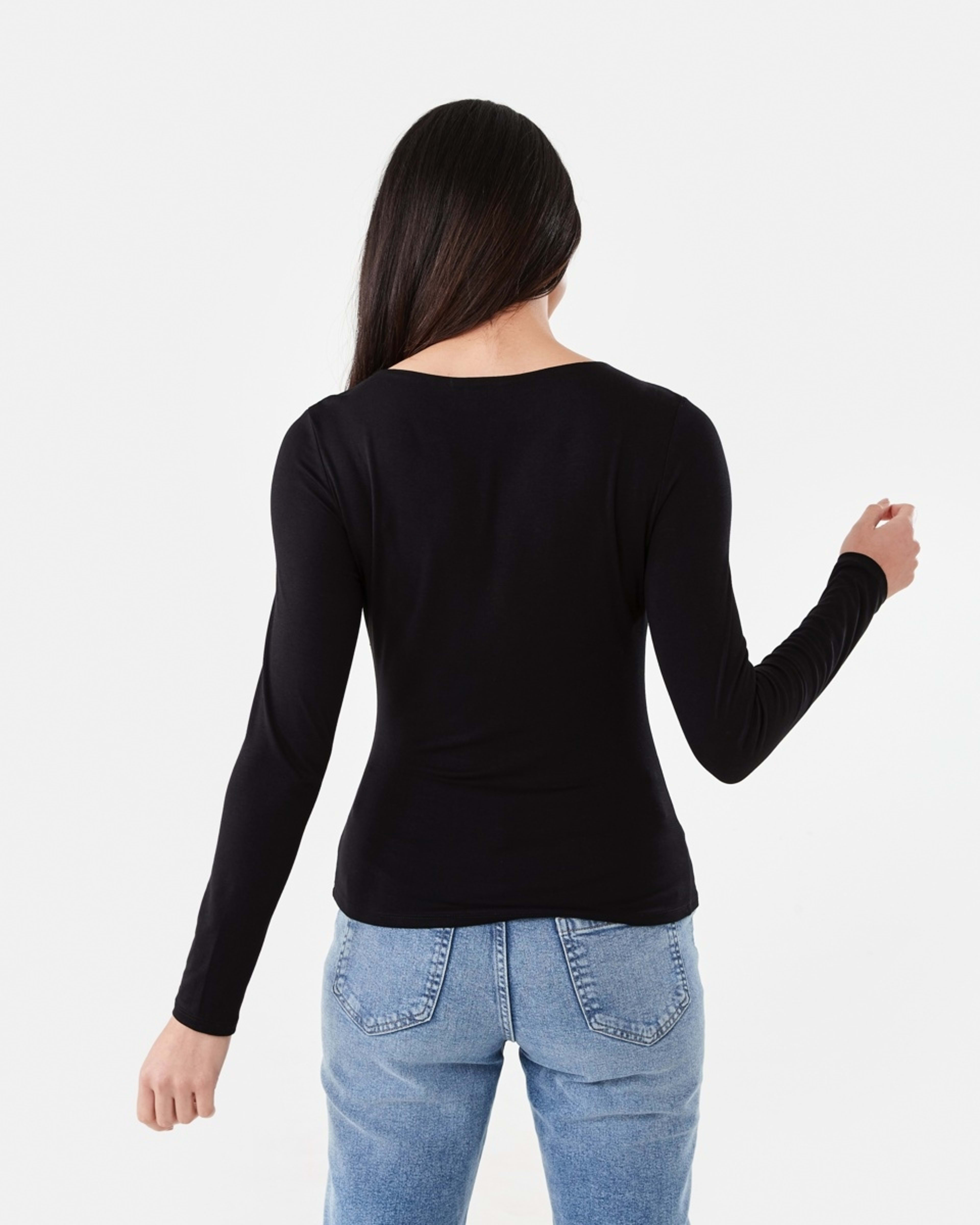 3 Long Sleeve Ruched Shoulder Top Black, 3 of 6