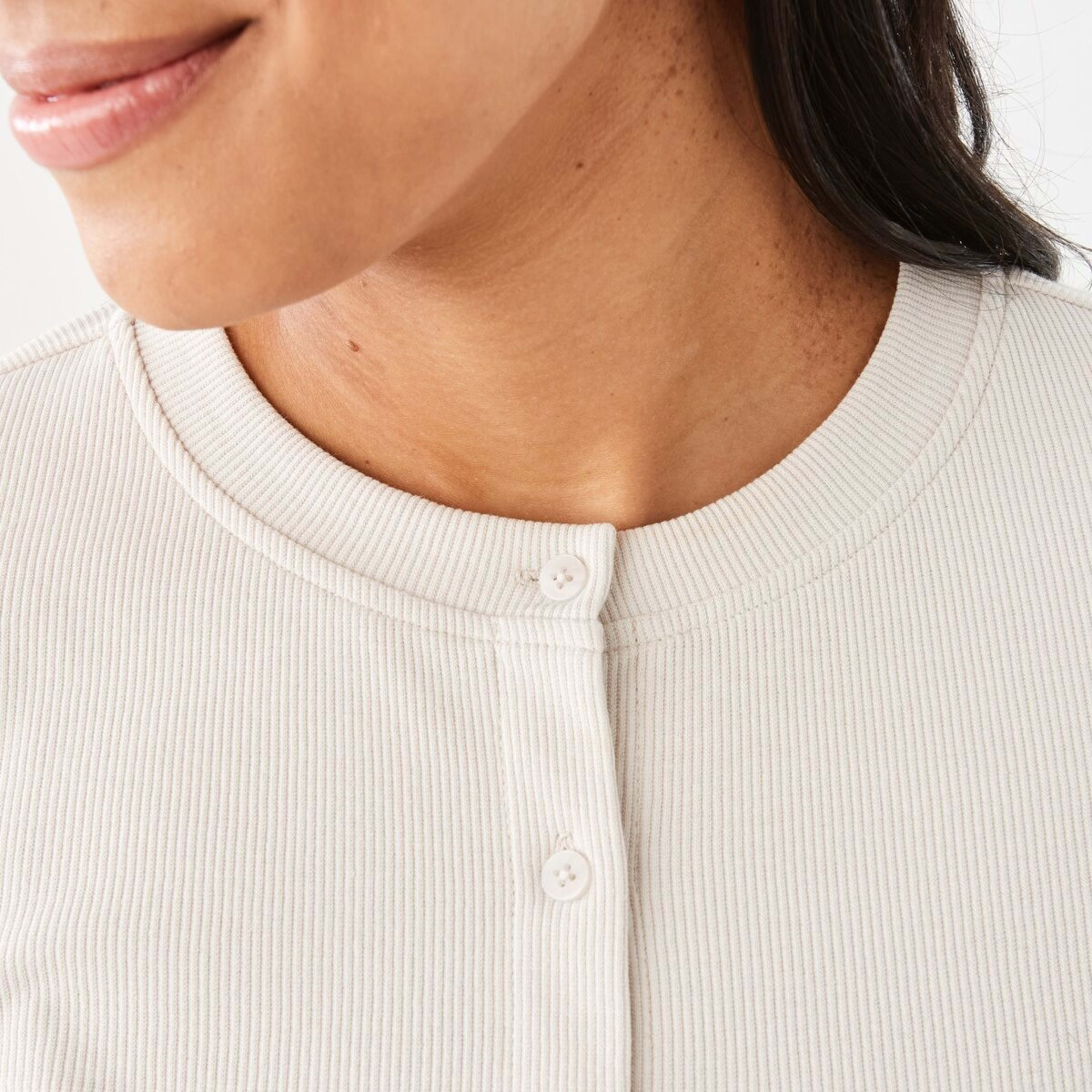 7 Long Sleeve Rib Button Front Top Nat Beige, 7 of 7