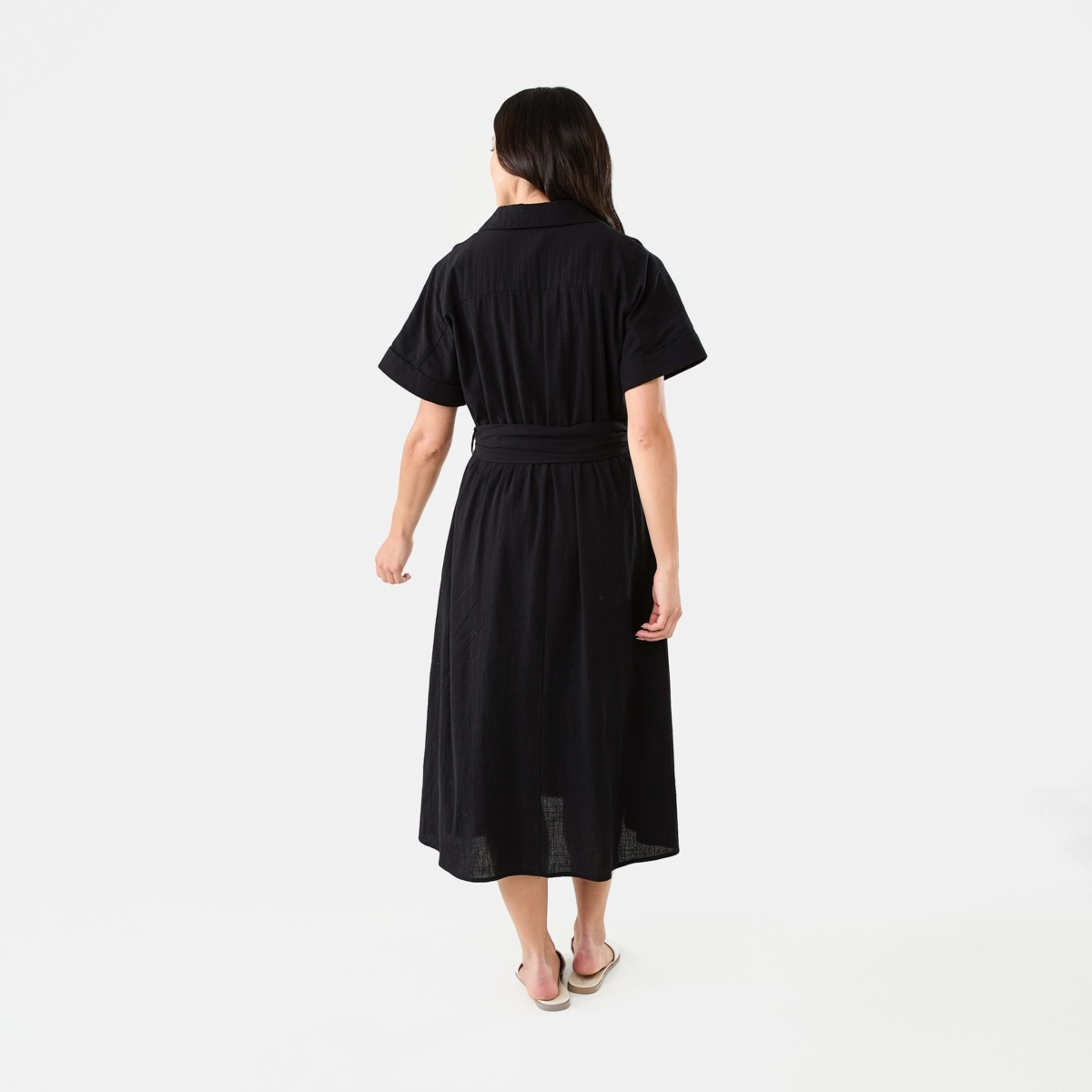 3 Short Sleeve Belted Midi Dress Black, 3 of 8