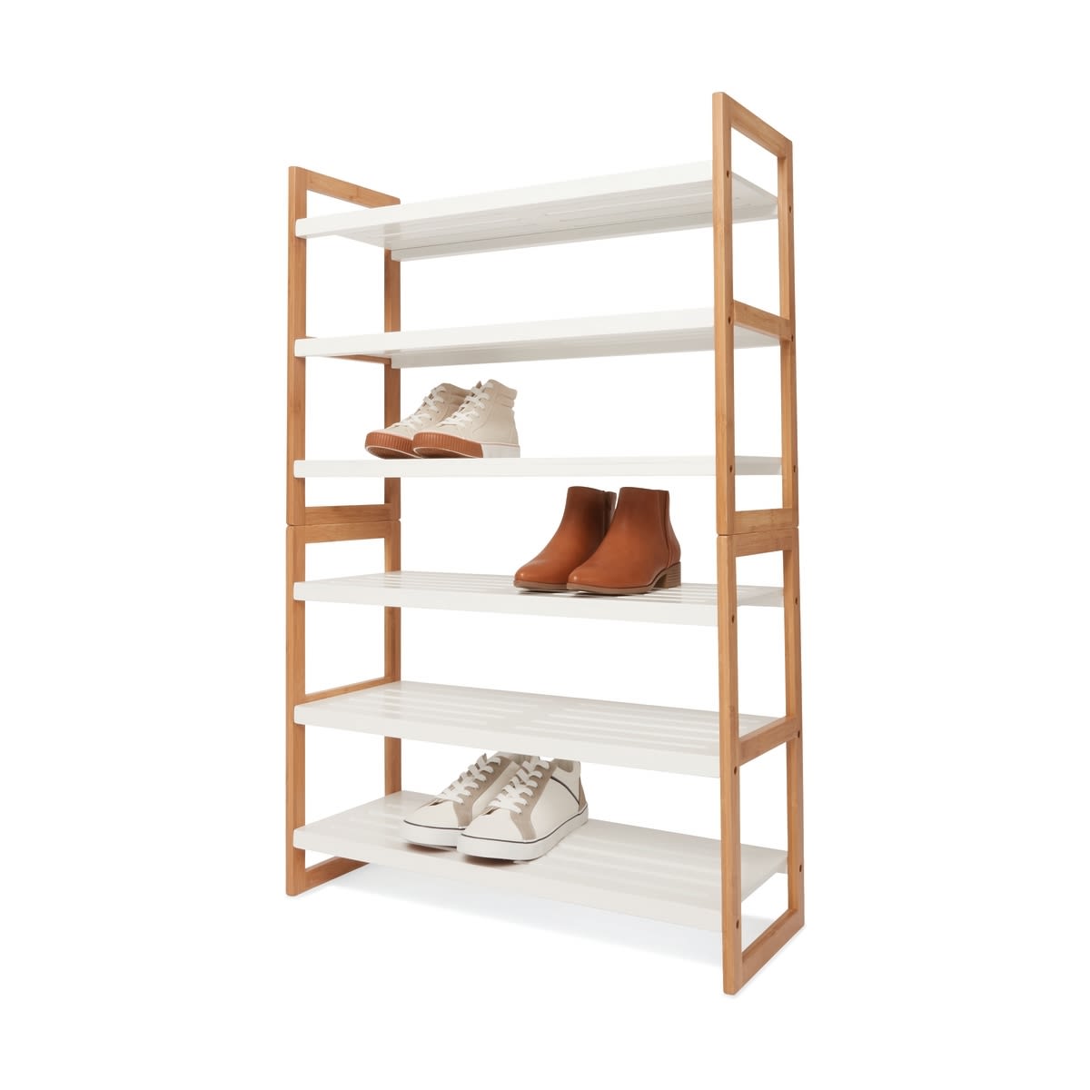 3 Tier Stackable Bamboo Shoe Rack with White Shelves Kmart