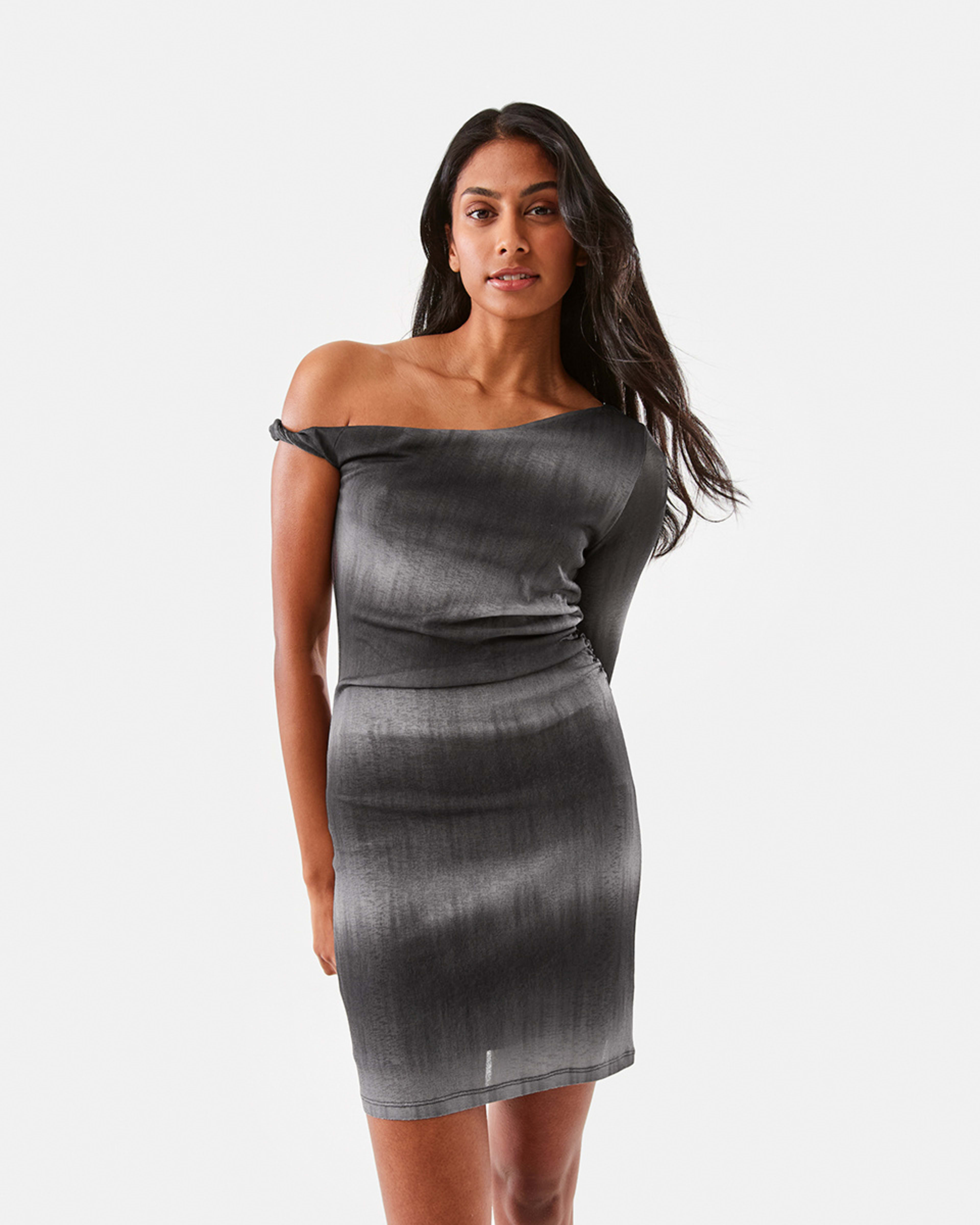 1 Long Sleeve Off Shoulder Mini Dress Brn Dye St