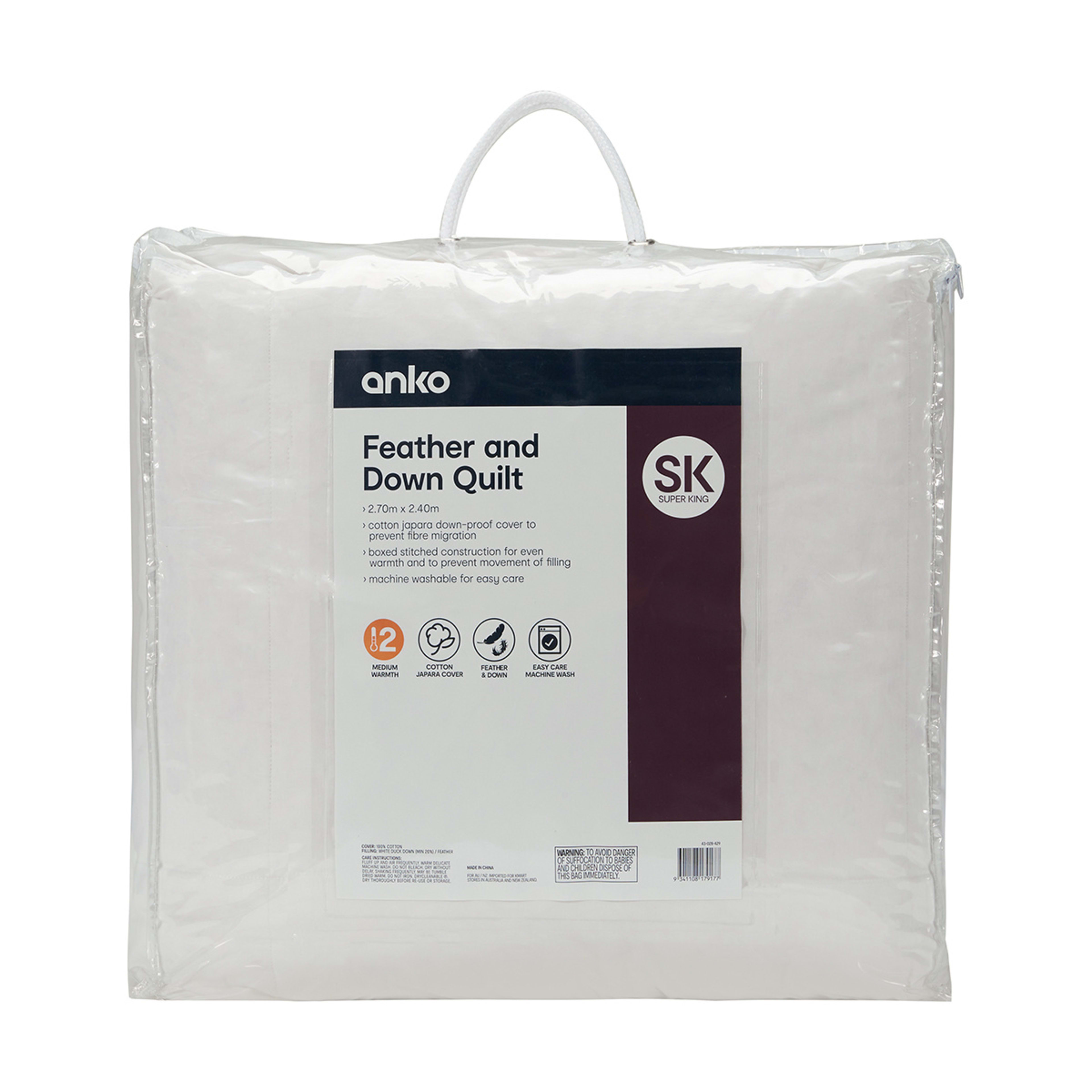 Medium Warmth Feather and Down Quilt Super King Bed, White Kmart