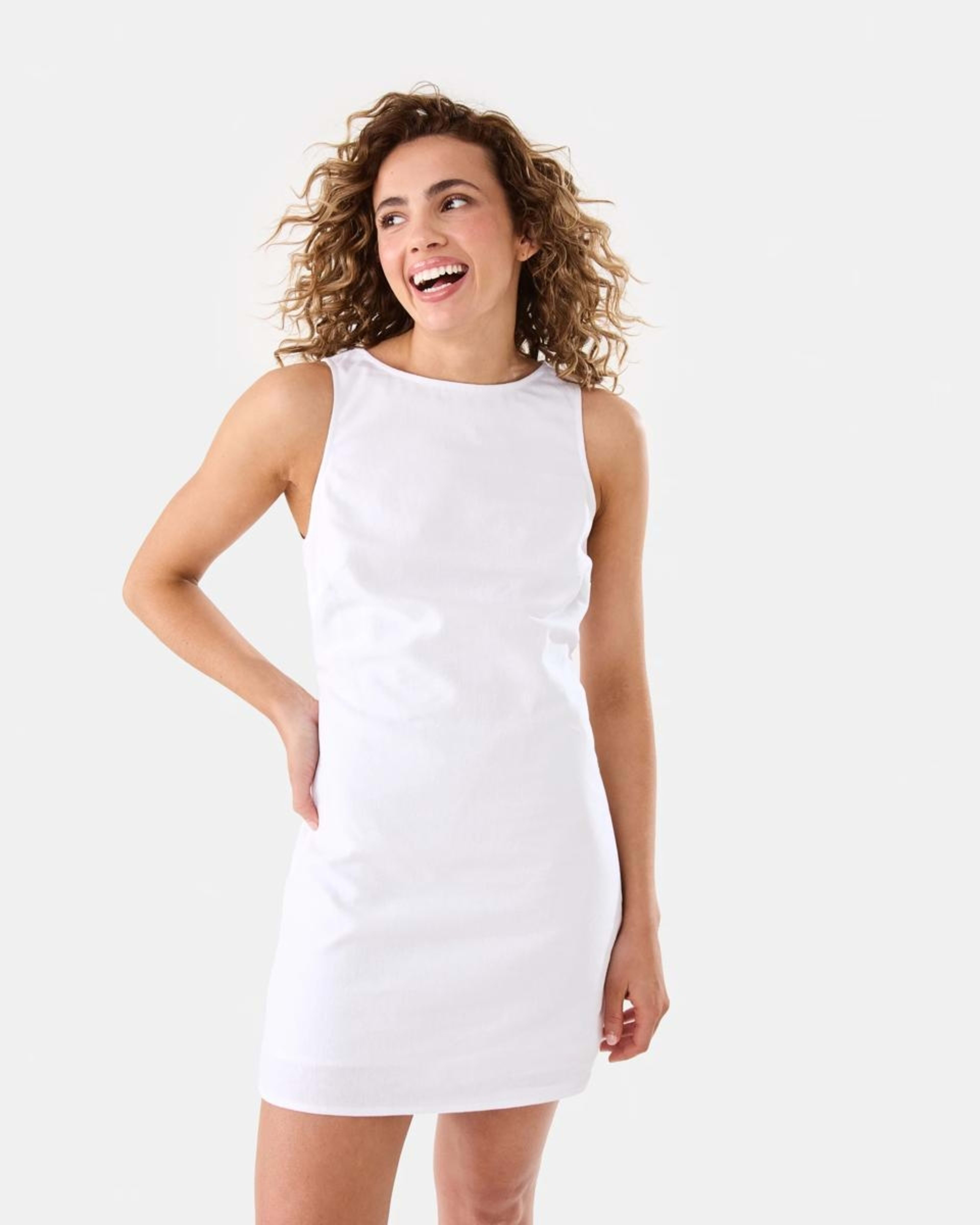 1 Sleeveless Boat Neck Linen Blend Mini Dress WHITE, 1 of 9