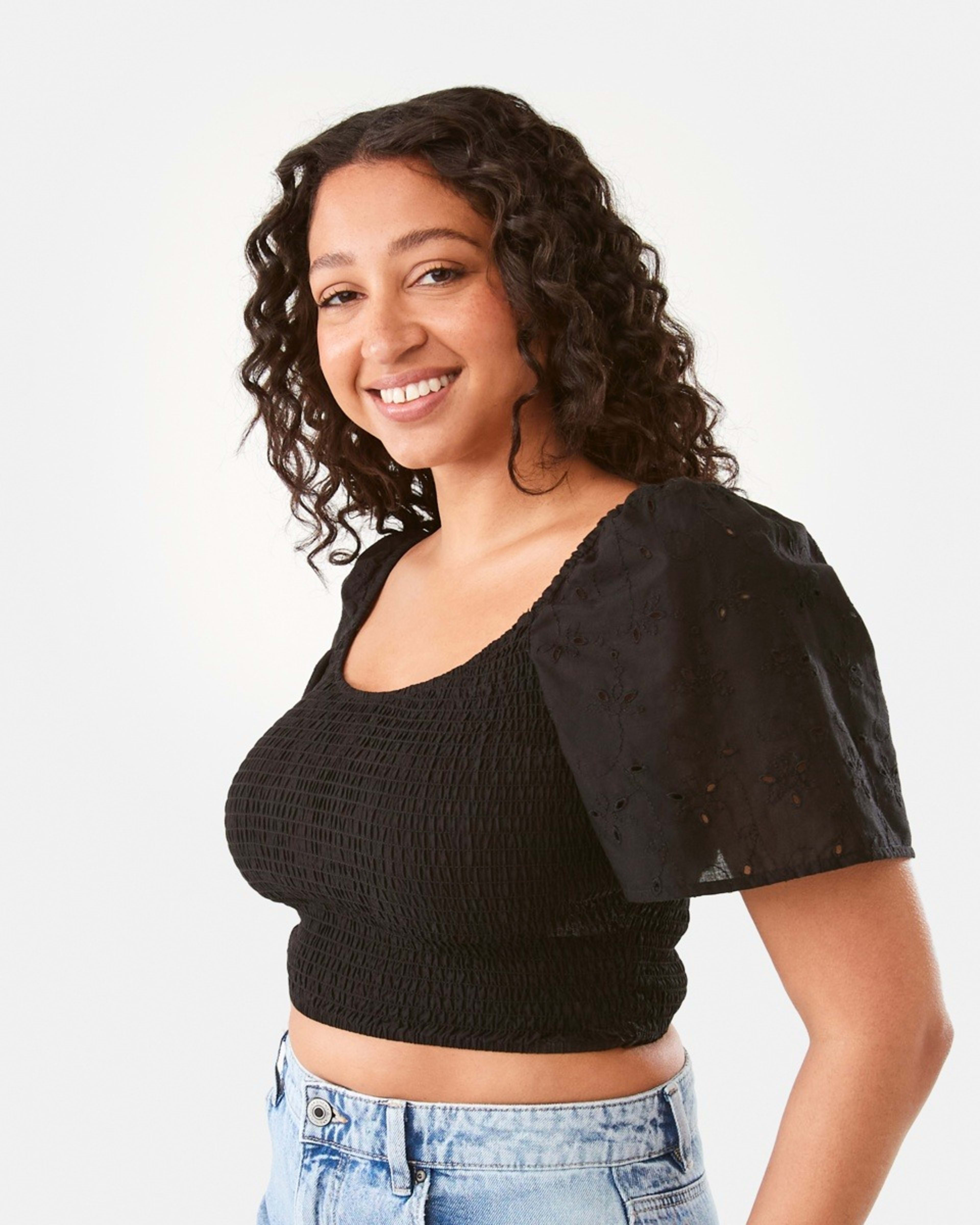 2 Short Sleeve Shirred Broderie Top Black, 2 of 6