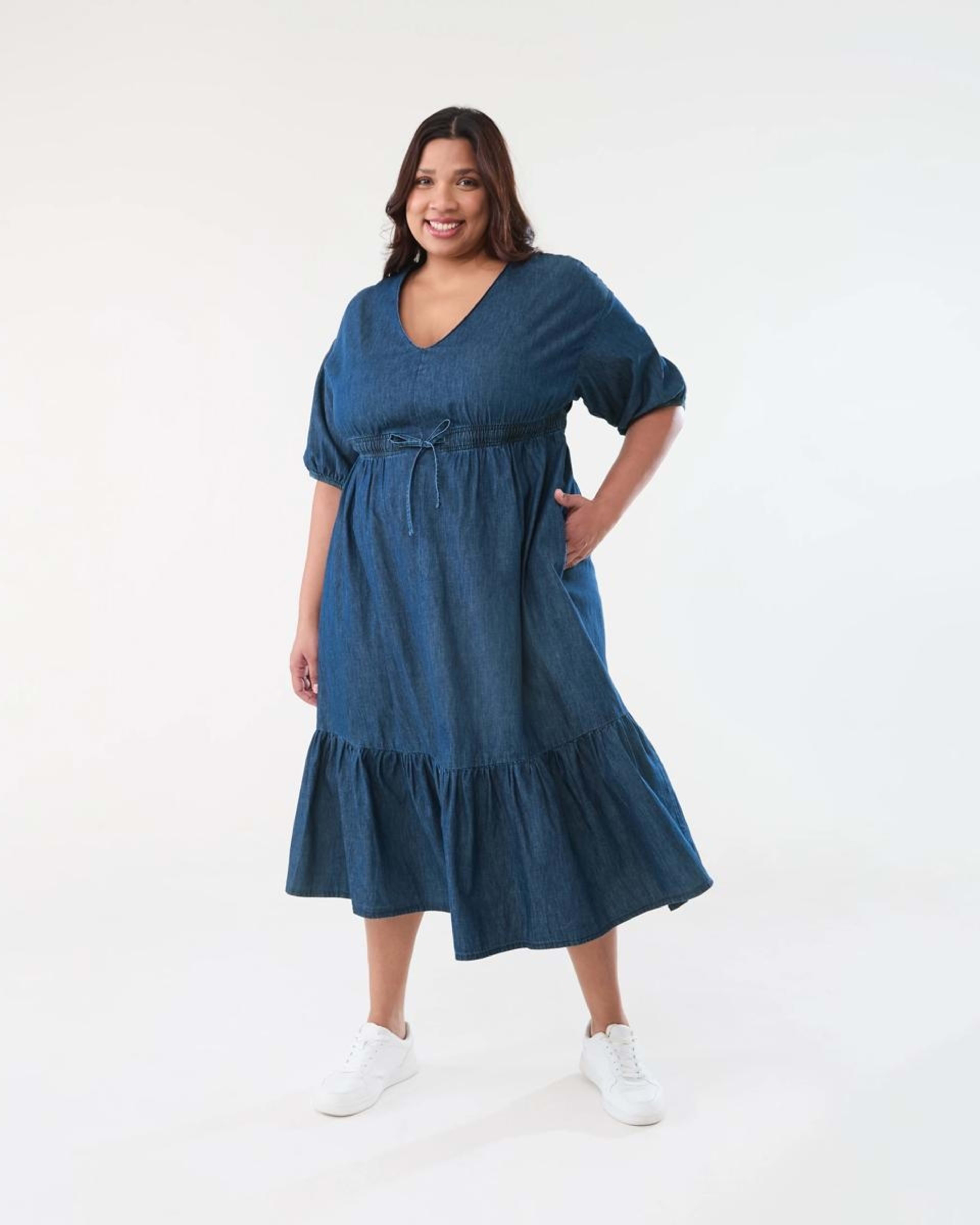 1 Curve Short Sleeve Chambray Midi Dress DARK DENIM WASH