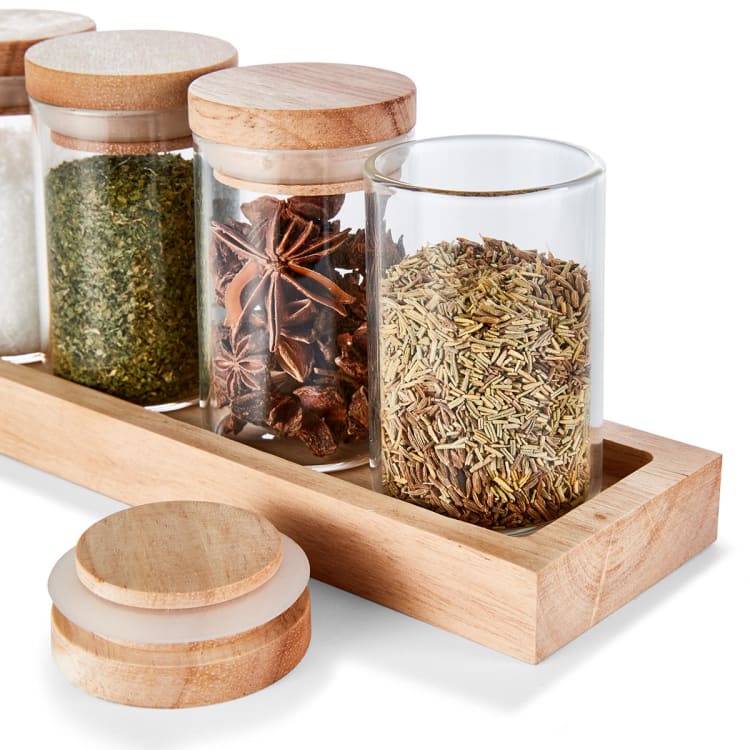 6 Pack Glass Jars with Wood Tray - Kmart