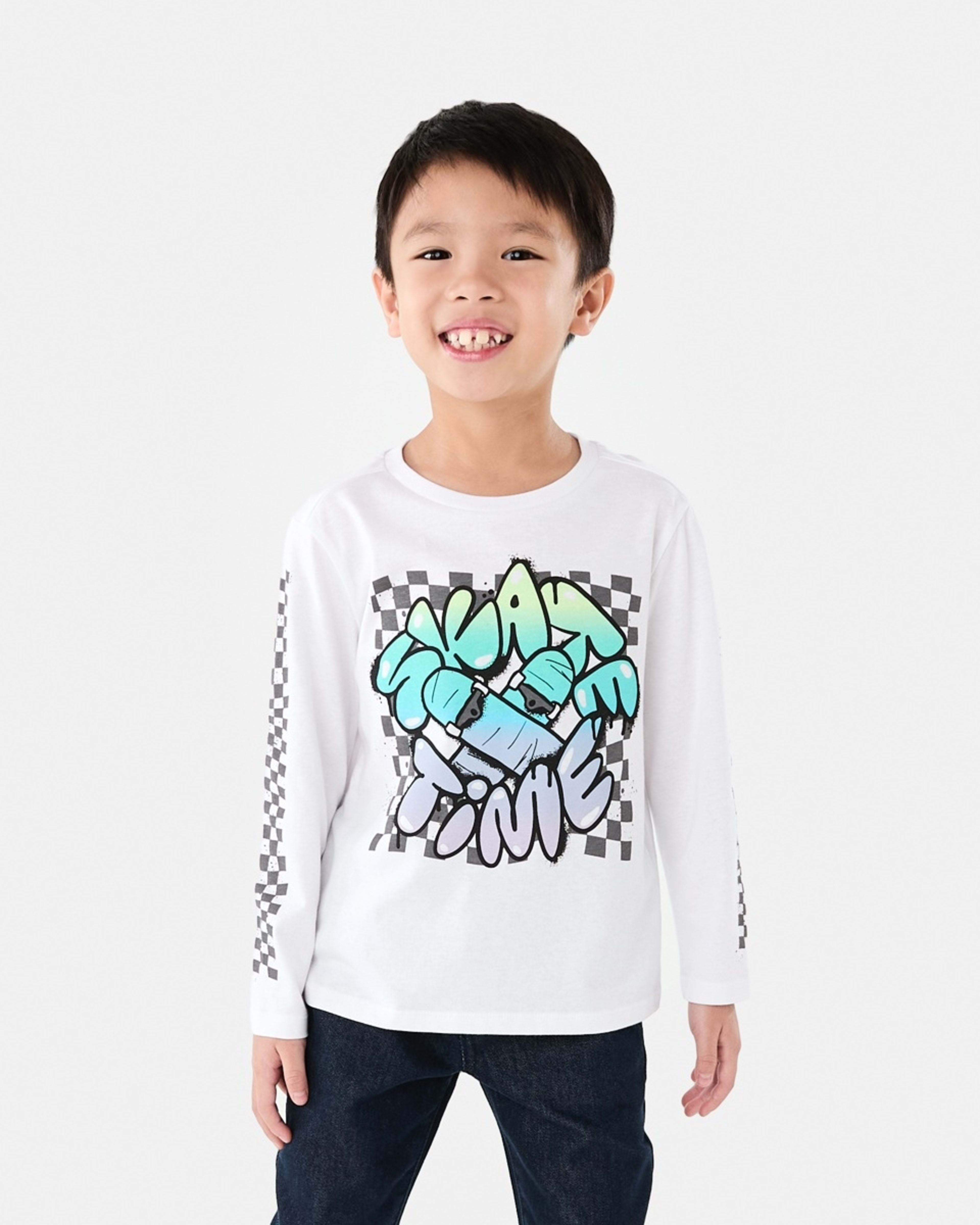 1 Long Sleeve Print T-shirt Skate Tie Graffiti White