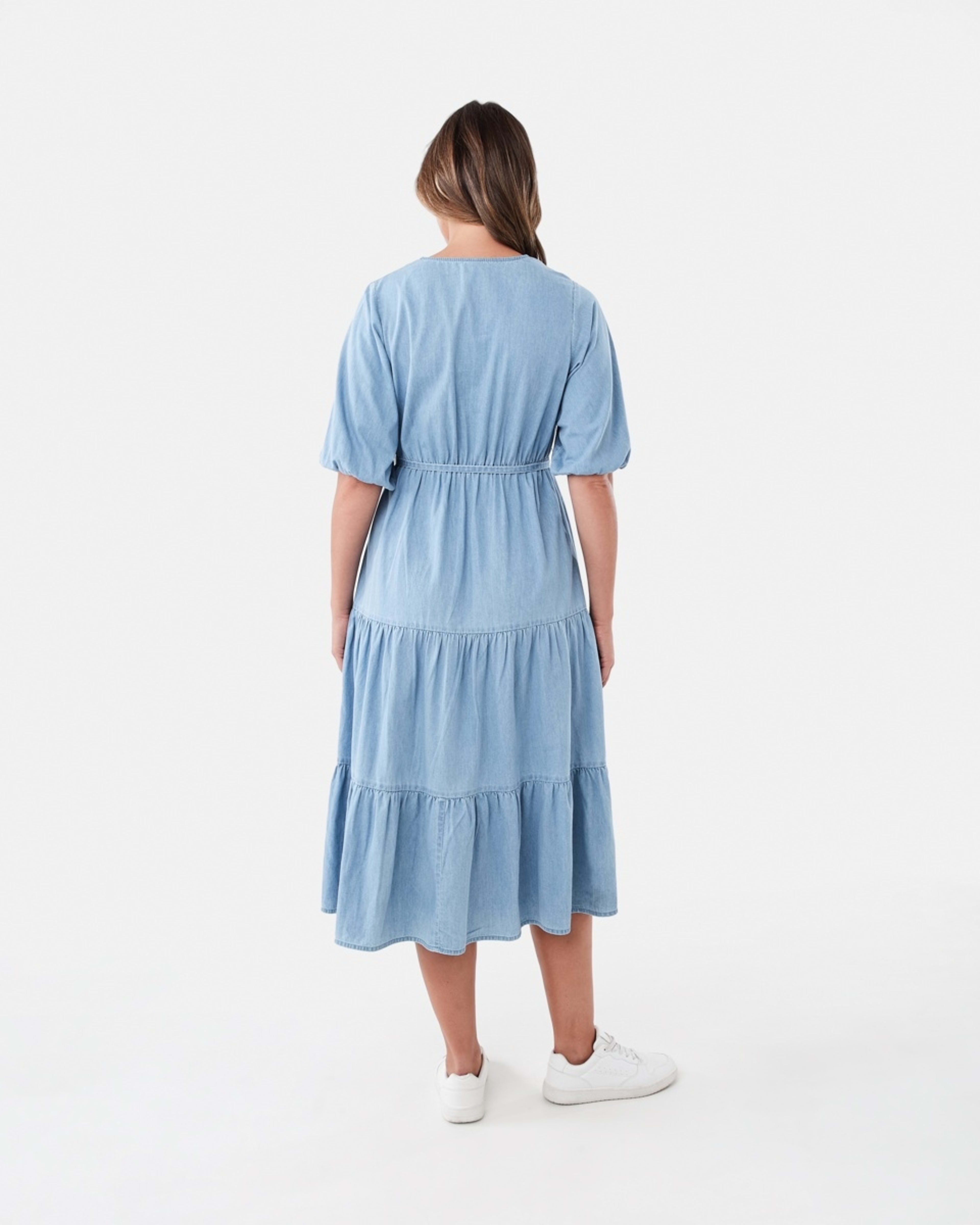 3 Short Sleeve Wrap Chambray Midi Dress Light Wash, 3 of 7