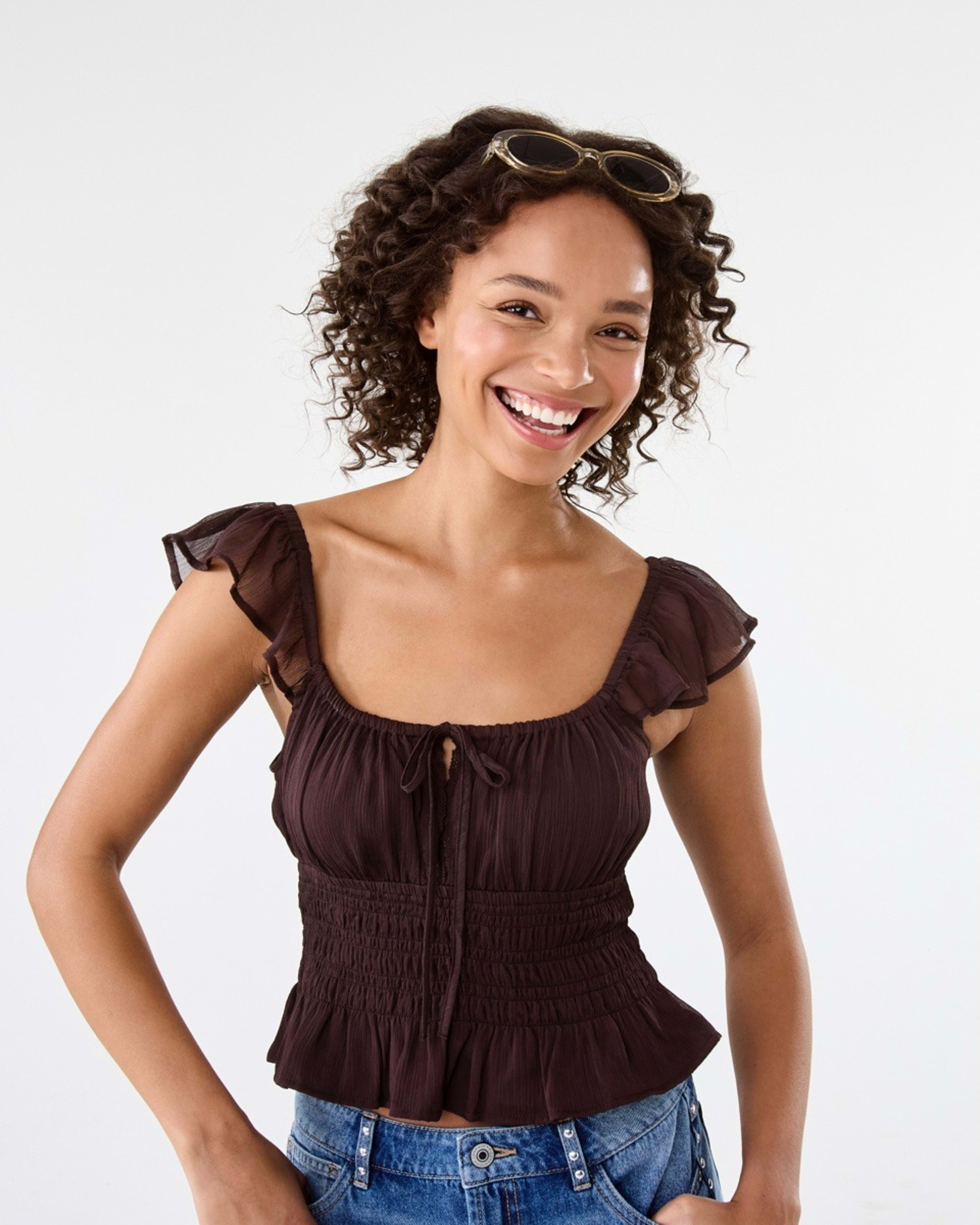 1 Tie Front Boho Top Choc Plum, 1 of 7