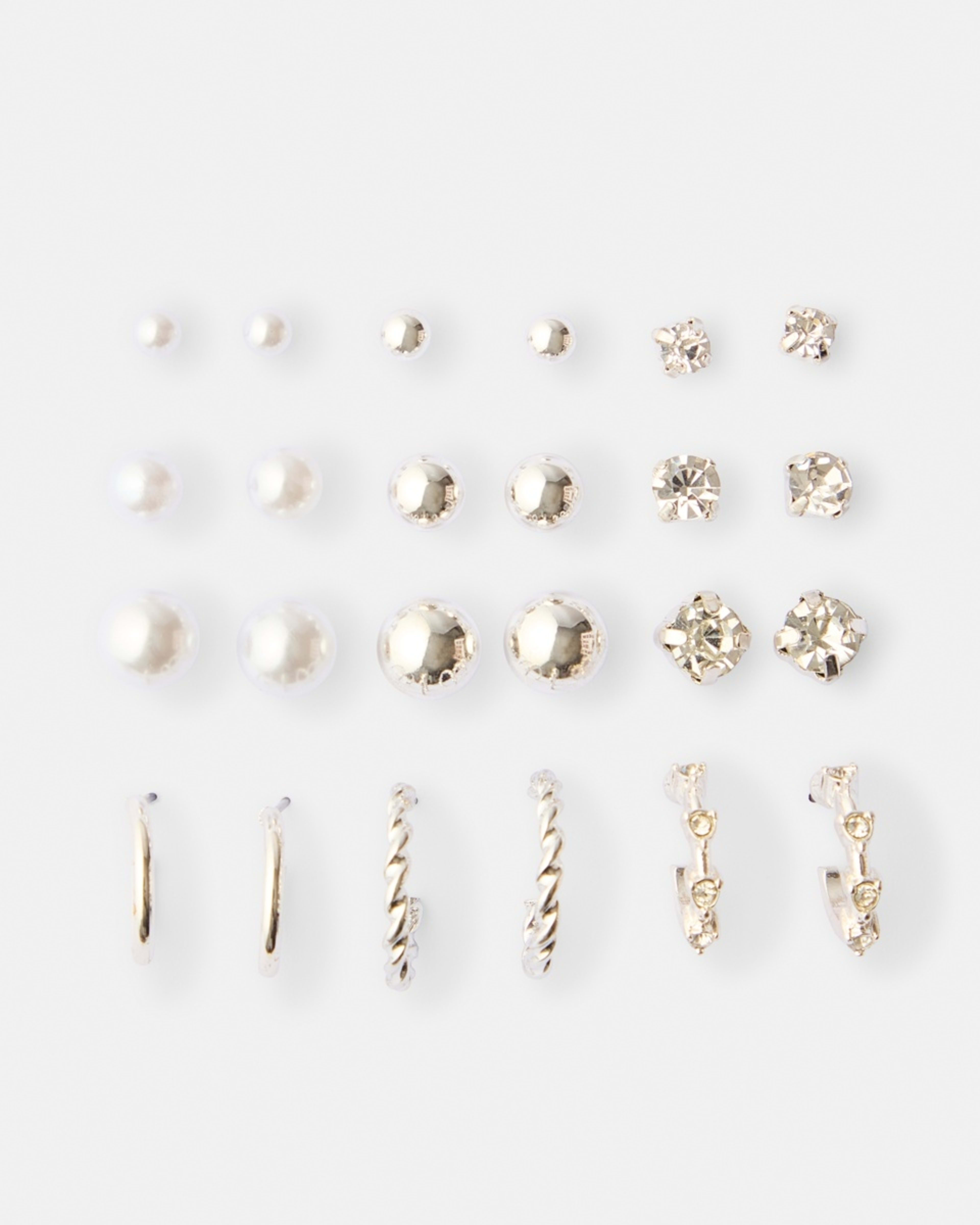 1 12 Pack Diamante Faux Pearl Hoop and Stud Earrings - Silver Tone Silver