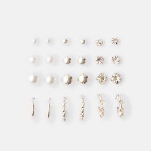 12 Pack Diamante Faux Pearl Hoop and Stud Earrings - Silver 
