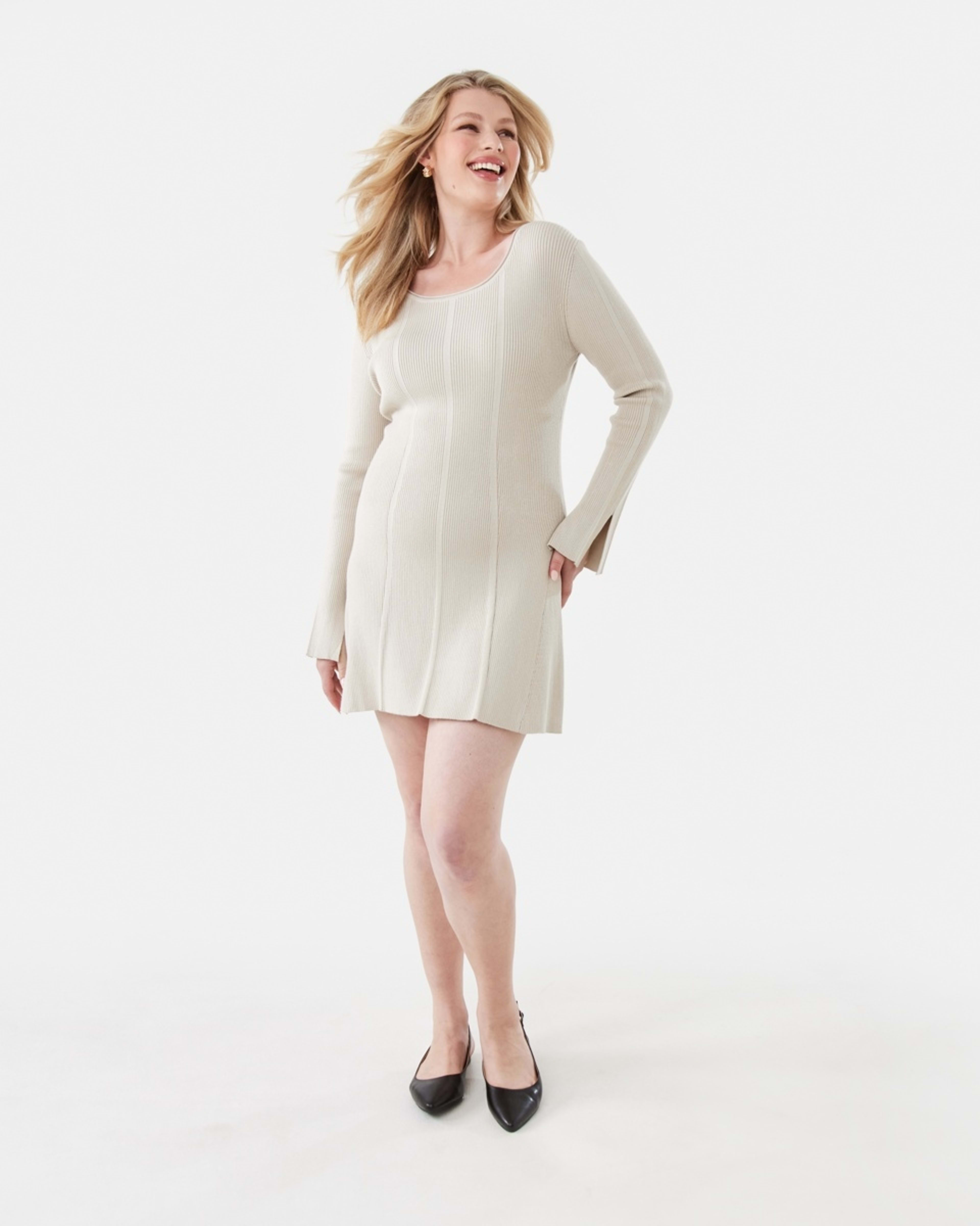 2 Long Sleeve Scoop Knit Skater Mini Dress Bone Beige, 2 of 10