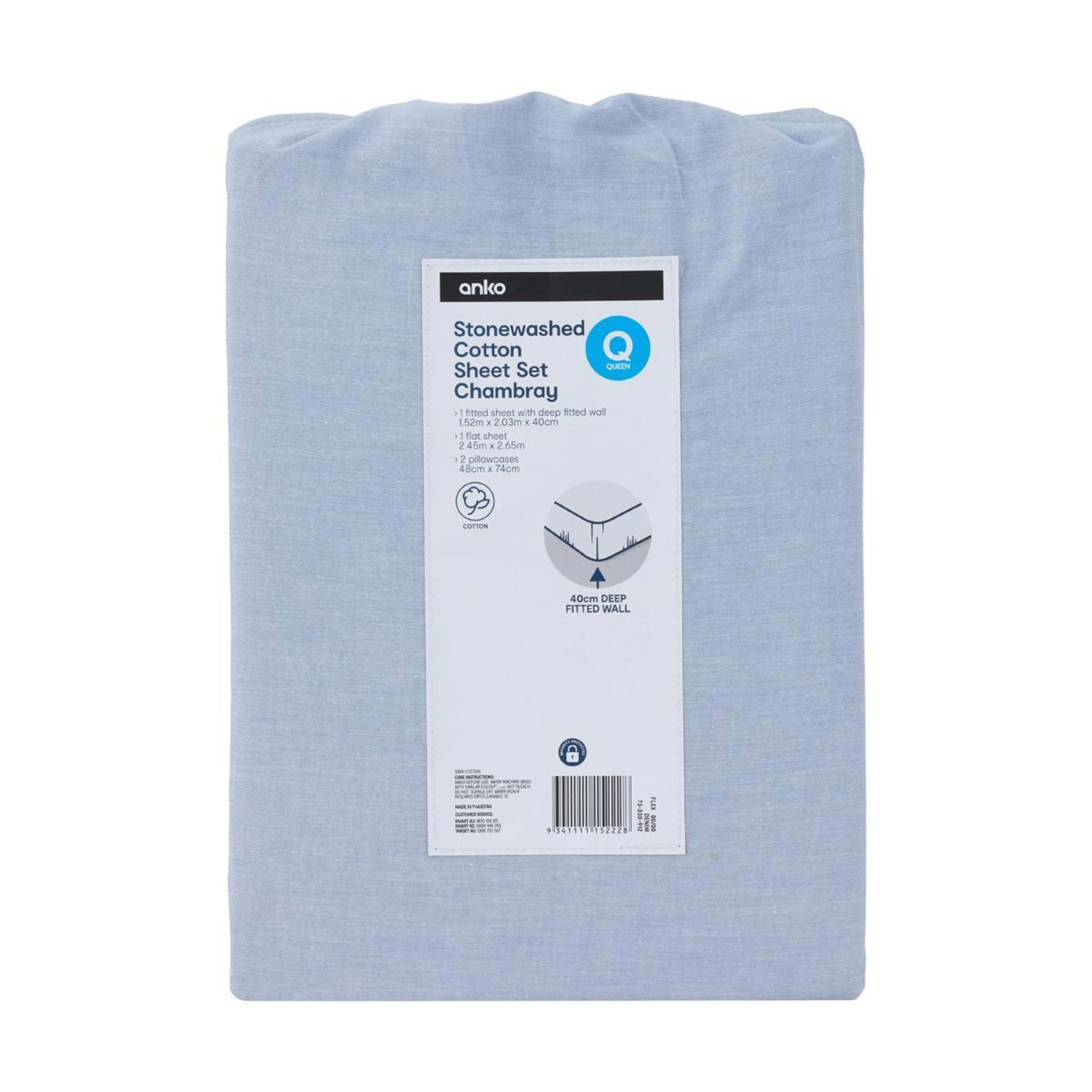 7 Stonewashed Chambray Cotton Sheet Set - Queen Bed, Denim, 7 of 7