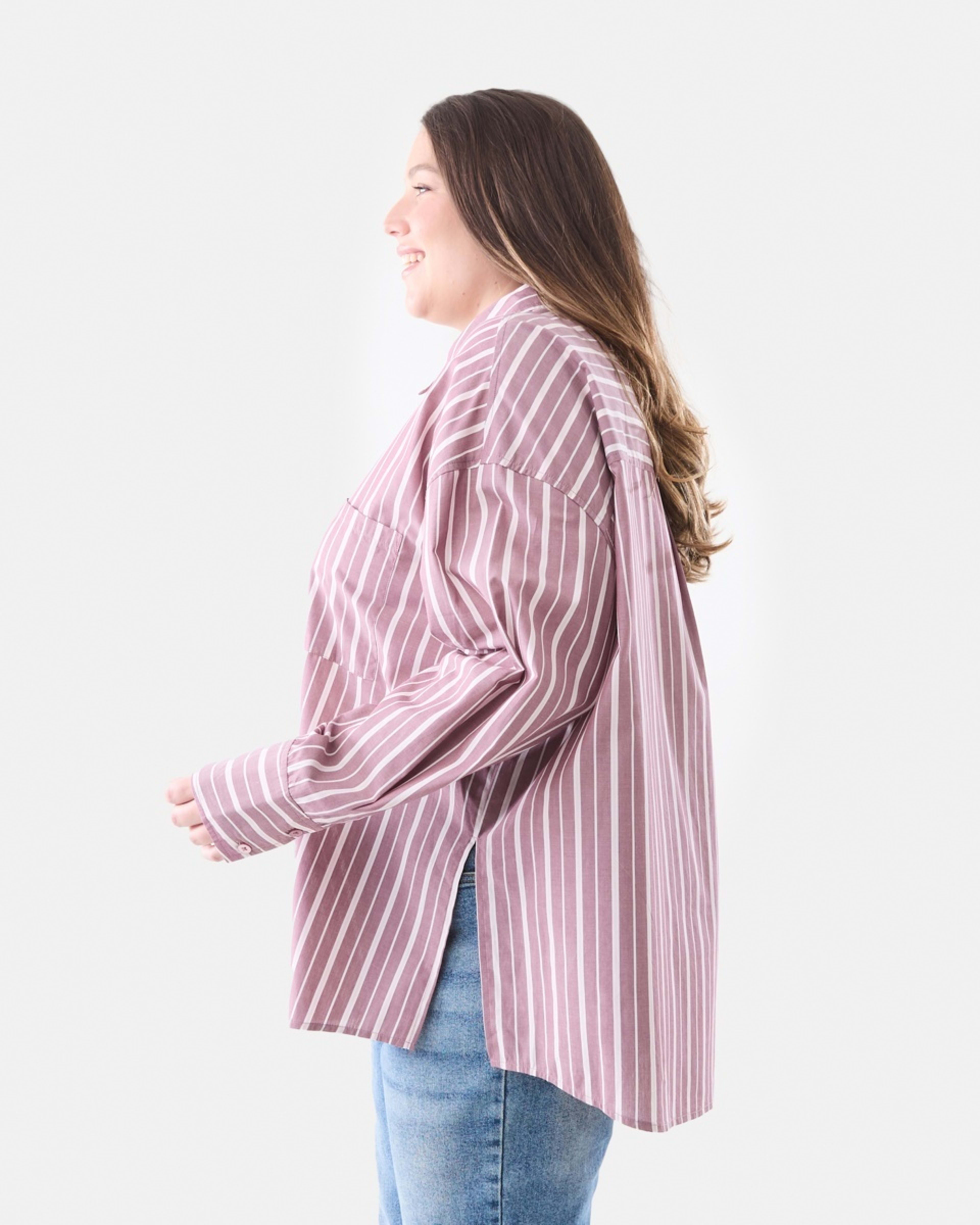 2 Curve Long Sleeve Boyfriend Shirt Berry Strp, 2 of 5