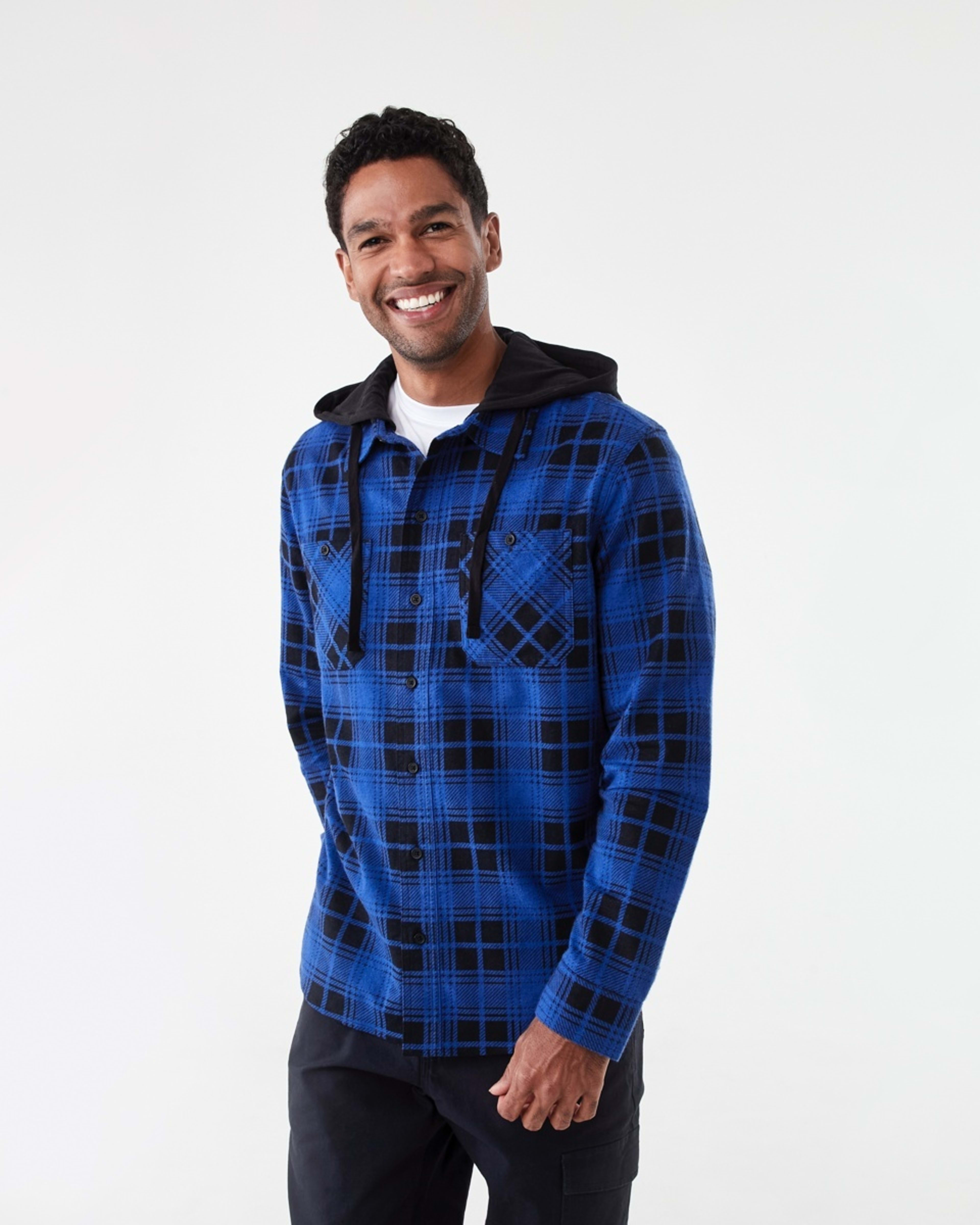 2 Workwear Long Sleeve Hooded Shirt Blu Check, 2 of 7