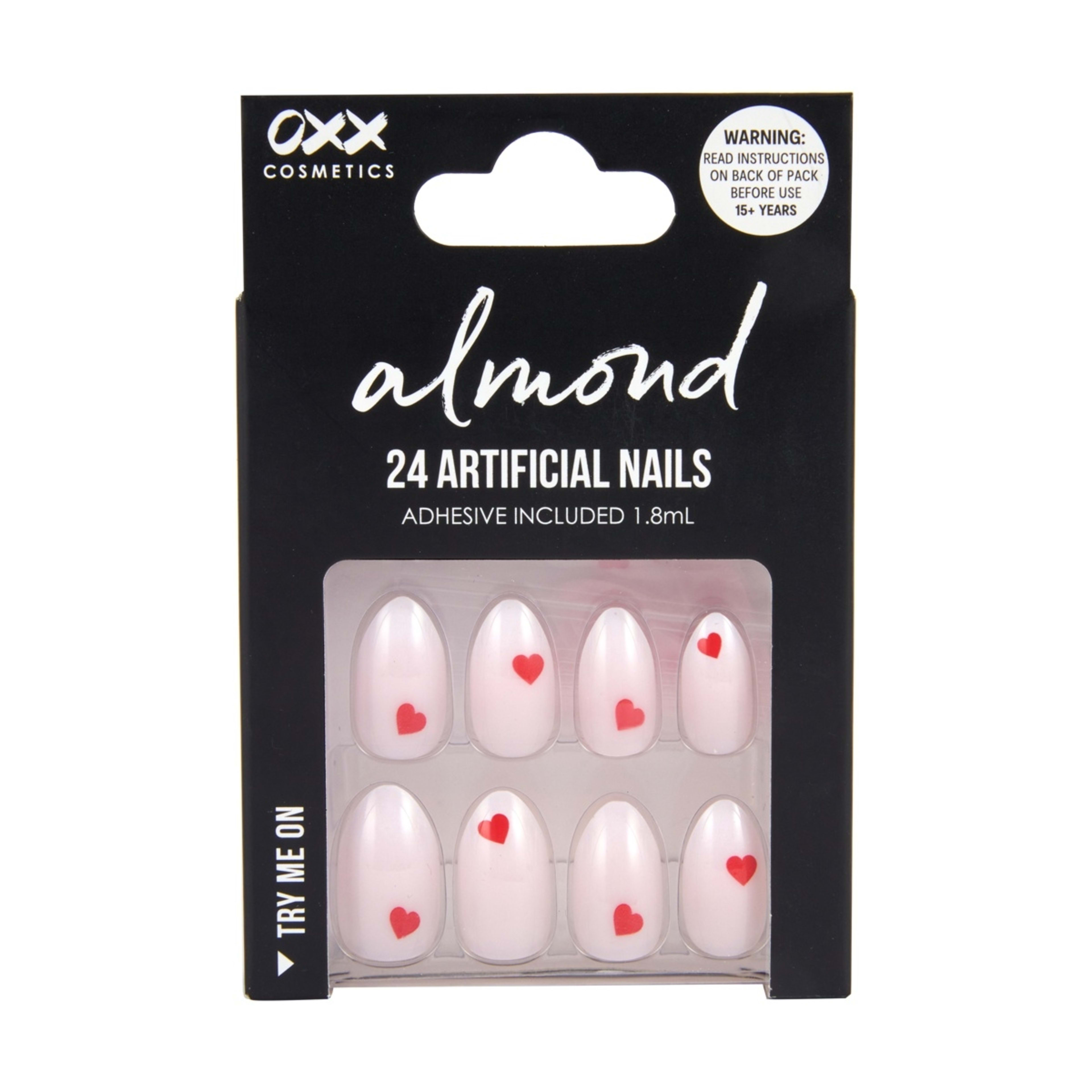 1 OXX Cosmetics 24 Pack Artificial Nails with Adhesive - Almond Shape, Milky White Hearts, 1 of 5